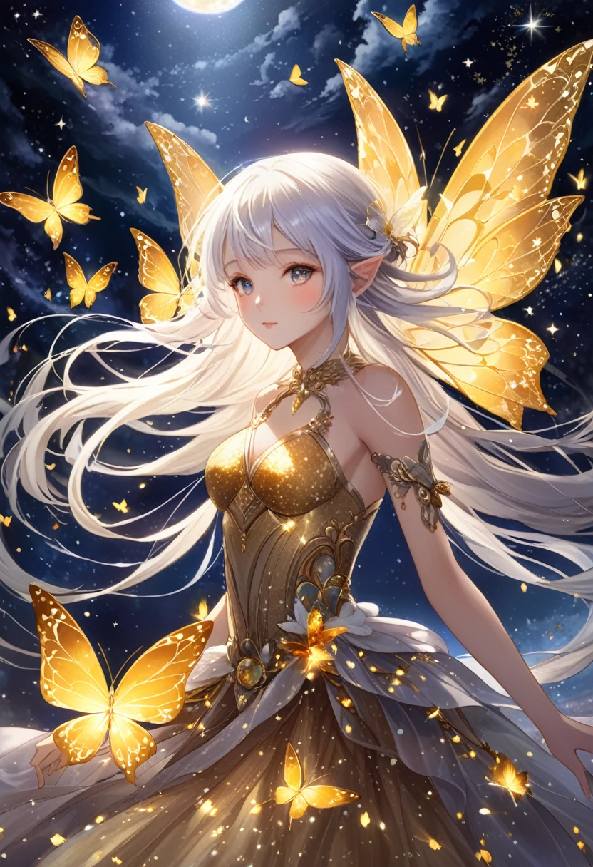 .flux .stabledif A high-definition, fantastical portrait of a beautiful fairy woman with flowing silver hair, surrounded by glowing golden butterflies. She wears an elaborate, sparkling gown with delicate fairy wings glowing in warm golden hues. The setting is mystical, with waves crashing behind her, under a dramatic, dark sky filled with soft stars. The image is atmospheric and enchanting, capturing a magical, serene yet powerful moment. Keep the character consistent, creating a sense of continuity, with slight changes to suggest movement or interaction with her environment.