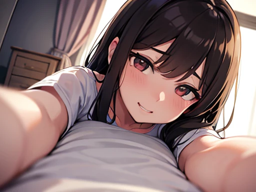 masterpiece, best quality, extremely detailed, anime,looking back,white golfer uniform,tanned skin,12yo ,dark skin tiny body,small breast,baby face,spreading both arms,BREAK,multicolored dark Purple hair,side ponytail,short hair with long locks,BREAK,red eyes,thick eyebrow,smug,smile,open mouth,half closed eye,smile face,worry face,detailed lips,False eyelashes,BREAK,cotton red ribbon,BREAK,off shoulder, striped Crochet White golf wear,midriff baring outfit,BREAK,microskirt,detailed crotch,break,head tilt,upturned eyes,luxury hotel bed,girl on top,