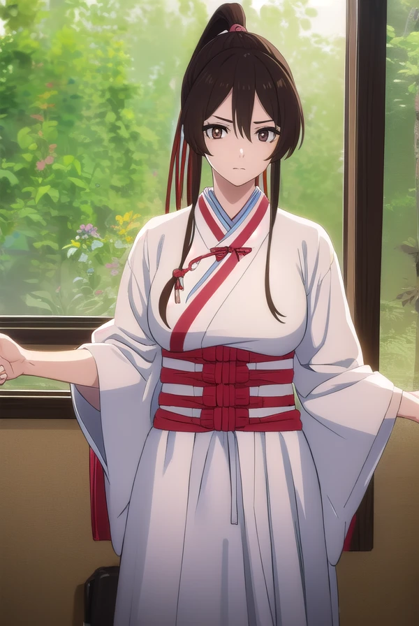 sagiriyamadaasaemon, sagiri yamada asaemon, long hair, black hair, ponytail, high ponytail, (brown eyes:1.5),
BREAK japanese clothes, kimono, hakama,
BREAK indoors,
BREAK looking at viewer, (cowboy shot:1.5),
BREAK (masterpiece:1.2), best quality, high resolution, unity 8k wallpaper, (illustration:0.8), (beautiful detailed eyes:1.6), extremely detailed face, perfect lighting, extremely detailed CG, (perfect hands, perfect anatomy),