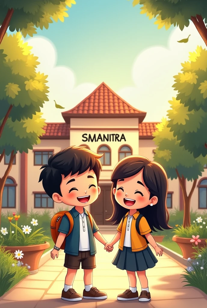 Ek girl or ek boy dono couple hai jo ek romentic jagah par bethe huye hai boy ki shirt par ajey or girl ki shirt par piru likha hua hai or girl ne chasma laga rakhi hai, dono baate kar rahe hai , vo dono garden me bethe huye hai or pichhe ek college hai jis par aditya college ka banner laga hua hai hai aisi animation me image banao
