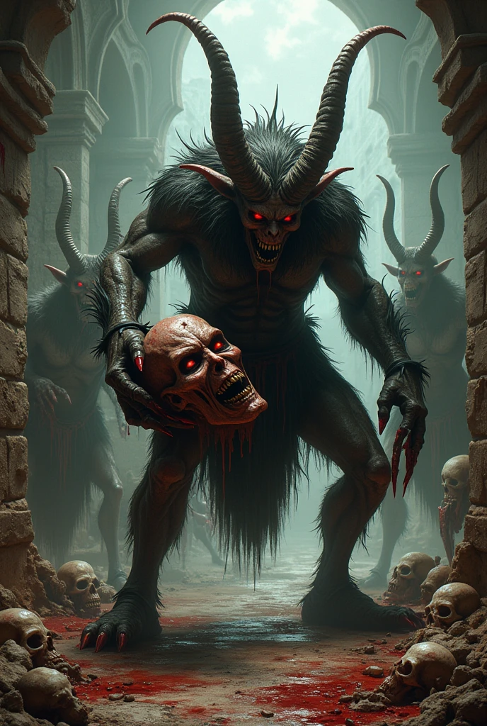 four armed and angry demons ready to kill bloody dressed in leather