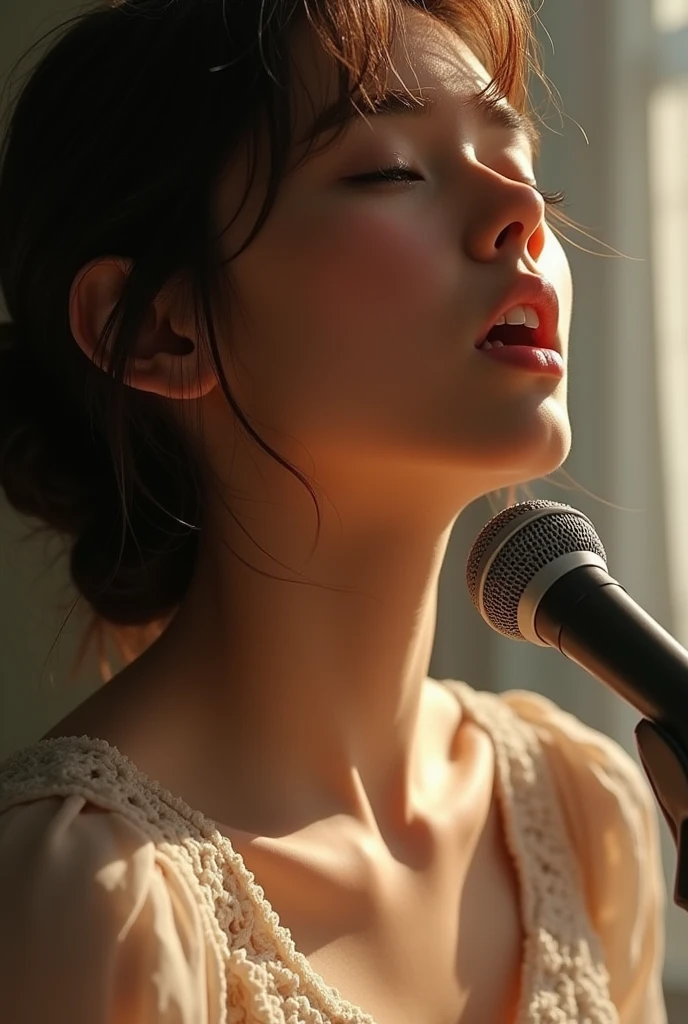 High quality drawing of a young woman alone in a dark bedroom speaking into a microphone eyes closed slight smile