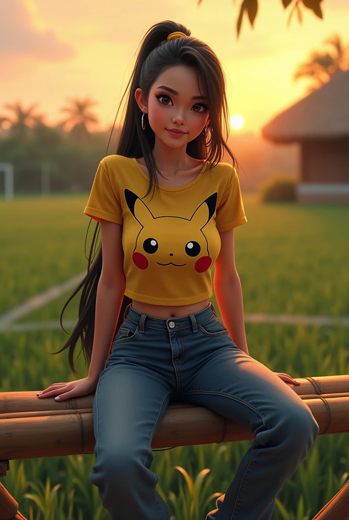 (Masterpiece, best quality), (highres, ultra-detailed), gorgeous woman with medium sized boobs, ((from front)), wearing yellow pikachu t-shirt, destroyed jeans, black hair, ponytail, sitting ,on a bench in a ((public park)), sunset, golden hour, pika_t-shirt