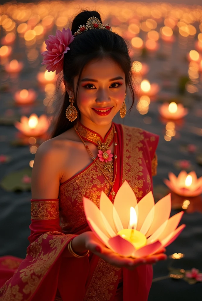 สุขสันต์วันลอยกระทง

Beautiful girl wearing Thai costumes, charming faces. Loi Krathong is one of the most charming Thai traditions in Thailand. It is usually held in November during the full moon day of the twelfth lunar month. It is a beautiful event that symbolizes the end of the rainy season and is a time when Thai people pay respect to the Goddess of Water, the Goddess of Water.During this enchanting festival, the night sky is illuminated with countless floating lanterns, each carrying the hopes and prayers of those who release them. Families gather by rivers and lakes, crafting delicate krathongs—small, lotus-shaped rafts made from ba leaves, flowers, and candles. As they set their krathongs adrift, they make wishes for good fortune, love, and happiness in the coming year.

The atmosphere is filled with laughter and joy, as traditional music and dance performances echo through the air. Young women, adorned in exquisite traditional attire, gracefully dance to celebrate the occasion, showcasing the rich cultural heritage of Thailand. The shimmering waters reflect the glow of the candles, creating a mesmerizing spectacle that captivates the hearts of all who witness it.

Loi Krathong is not just a visual feast; it is also a time for reflection and gratitude. People take a moment to express their appreciation for the water that sustains their lives, acknowledging its importance in their daily existence. This beautiful tradition fosters a deep connection to nature and a sense of community, as friends and families come together to share in the festivities.

As the night unfolds, the sight of thousands of krathongs floating away serves as a reminder of the beauty of letting go—releasing past grievances and welcoming new beginnings. Loi Krathong is a celebration of light, love, and the enduring spirit of the Thai people, making it a truly unforgettable experience for both locals and visitors alike.