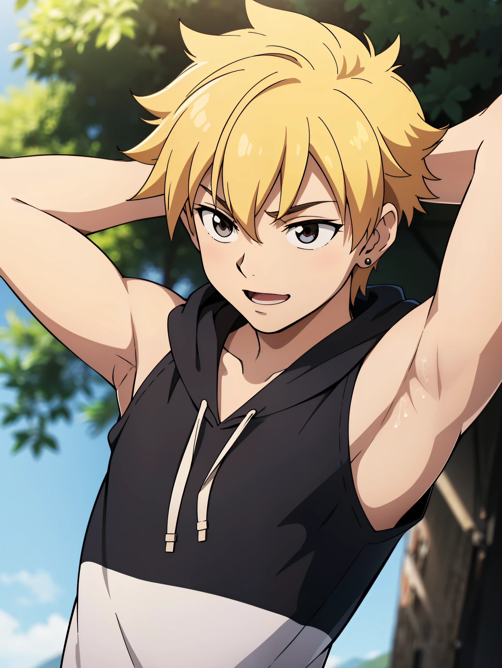 Highres, Masterpiece, Best quality at best,Best Quality,hight quality, hight detailed, Anime style, 1boy, Boy, Shota, Solo person, hansome, short hair, earring, Sleeveless hoodie, Upper body, Summer day, Laugh, Slim body, Blurry beckground, Seen from the front, (Showing armpit:1.3), (very young boy), (very small and short body), Uhd