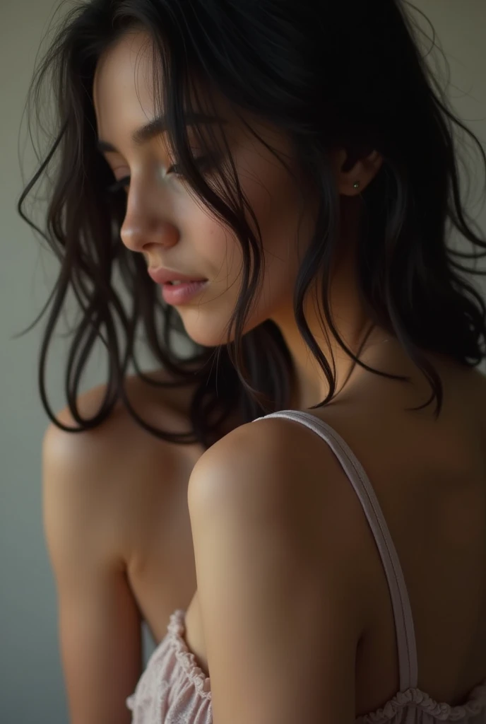 A stunning intricate full color portrait of zaraZof1, wearing revealing clothe, epic character composition, by Ssunbiki, alessio albi, nina masic, sharp focus, natural lighting, subsurface scattering, f2, 35mm,, very short hair, naked portrait, nude photography, shiny nipple, show armpit