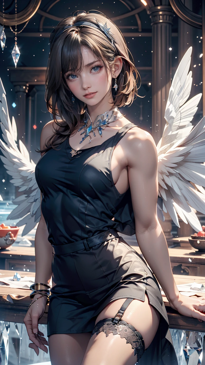 change, Leprechaun, Gray Hair: length, blue eyes, Small breasts, Best, garter, hair accessory, Captivating smile, sight, Tilt your head, Behind the arm, (slim), (Thin legs: Leg spread), Attention to detail, Highest quality, masterpiece, Detailed ice, Cumulonimbus, Beautiful details shine, ice crystal texture wings、Silver accessories on the wrist