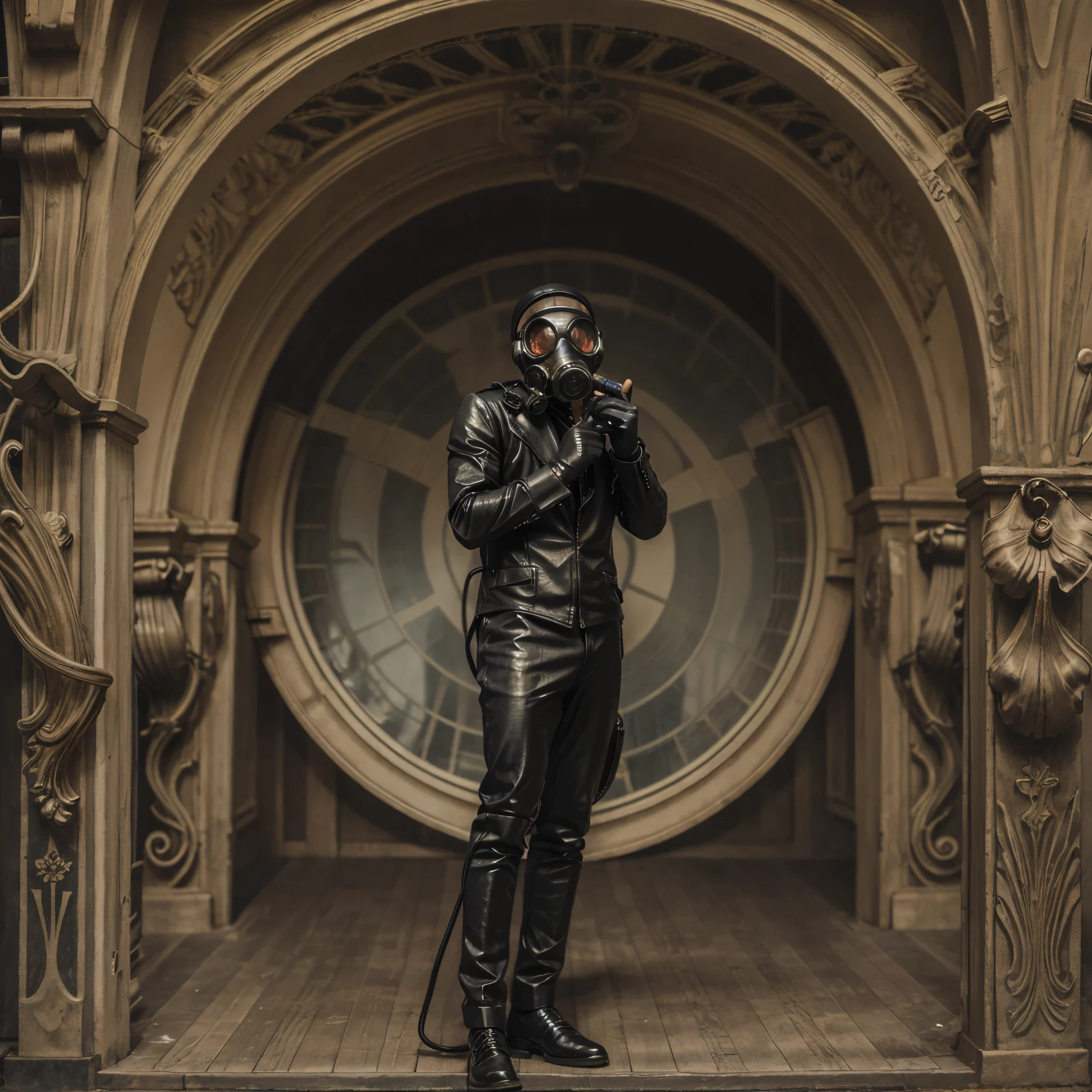 a man with a gasmask, leather suit, and black gloves singing into a microphone. He is on stage with lost of lights and sparkles, beautiful, masterpiece, Ultra HD, Art Nouveau, in the style of Alphonse Mucha