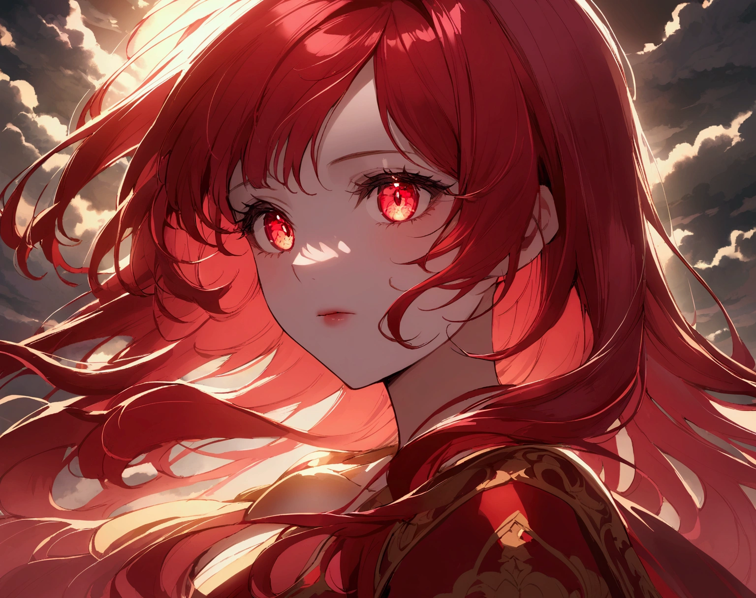 Create one overlay for my stream. Aesthetic asiatic. clean. indor. [she has long ruby-red hair and silky peach skin. Her draconic eyes are an enchanting shade of ruby-red and golden swirling vortexes colorful and cloudy]