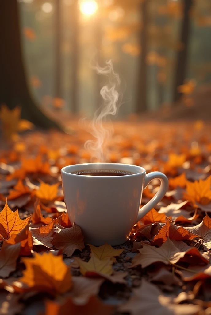 The ground full of dry leaves and in the middle of them a cup of coffee 