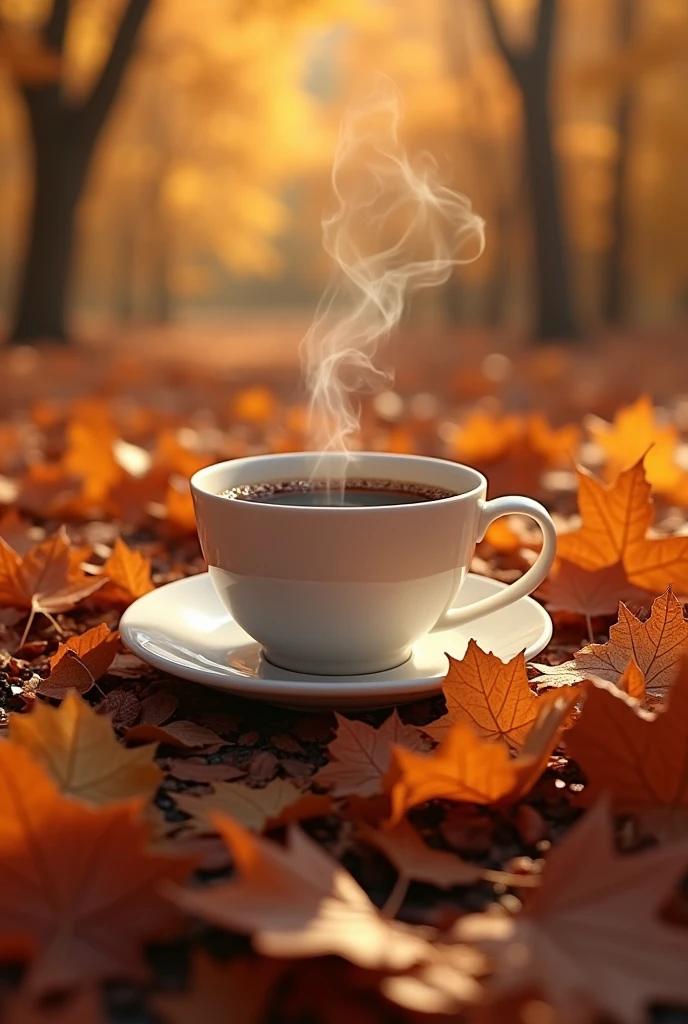 The ground full of dry leaves and in the middle of them a cup of coffee 