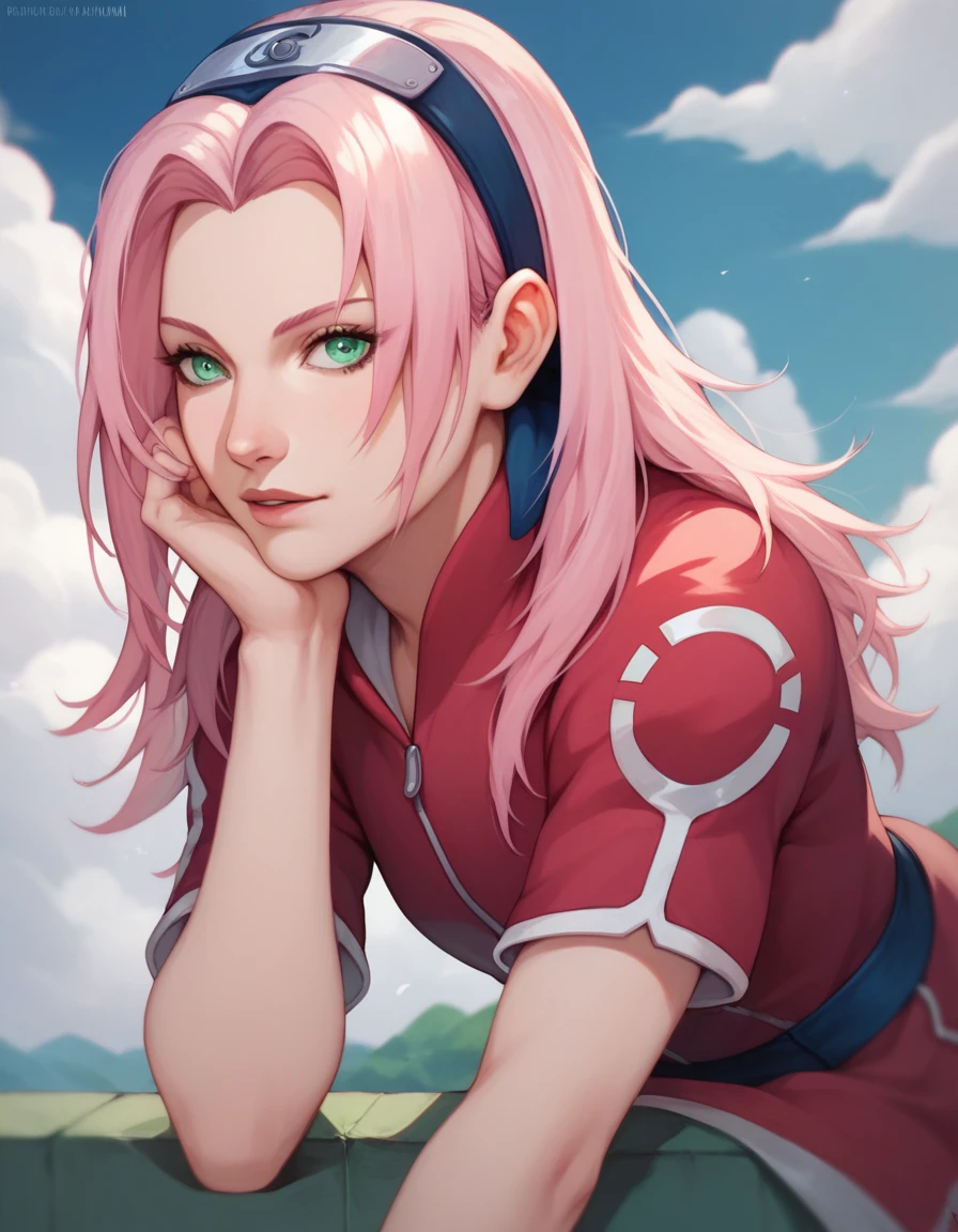 masterpiece, best quality, Haruno Sakura, pink hair,  long hair, green eyes, Forehead protection, bending over, Blauer Himmel, Cloud,