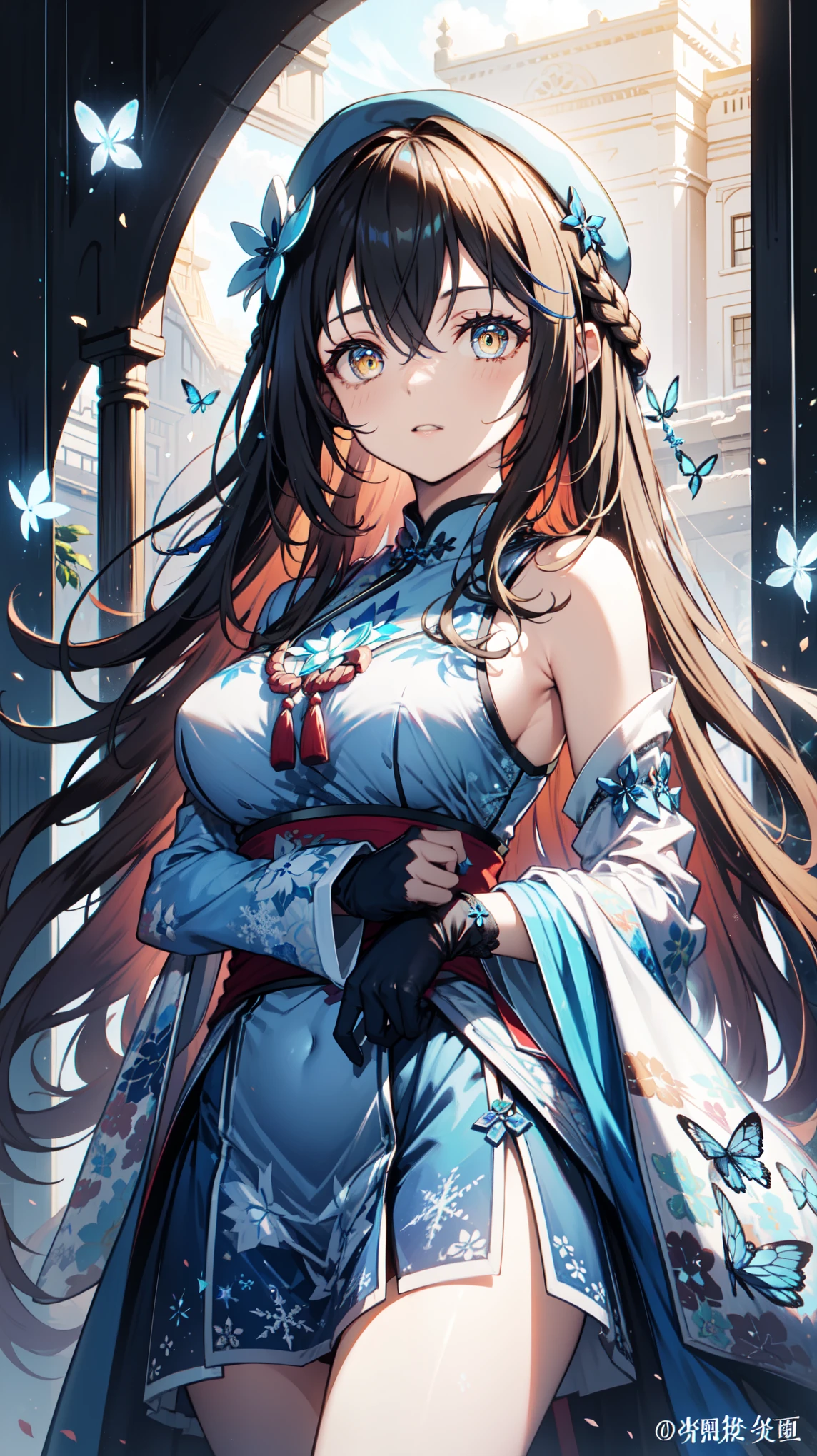     alone ，   brown hair     ,    pale   ,  Butterfly,   with sapphire eyes    ,  Butterfly装饰 Woman， black gloves ， is decorated with dark blue snowflakes and breadth    {Ten个}   装饰 Woman，Snowflake decoration，Ice impact ， The top is decorated with dark blue flowers and width  {Ten}  Wearing a blue dress， with black decorations on it   ,    A woman wearing a low cut    , Blue Ribbon,    Woman，， The top is decorated with dark blue flowers and width    , cheongsam，Wide-brimmed hat  ，Butterfly冲击