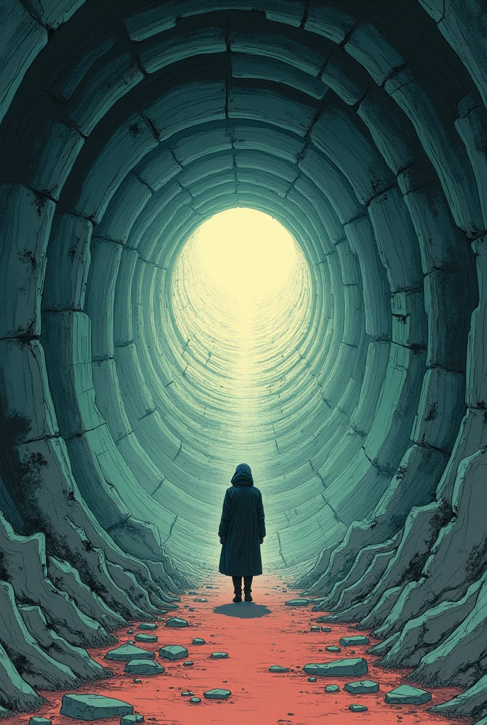 Illustration of a figure walking through an endless corridor、inspired Moebius , Kilian Eng. Moebius, moebius and tsutomu nihei,  in Moevius style , Moebius ,  stills from Akira  (1988), Shaun Tan、 wide shot、