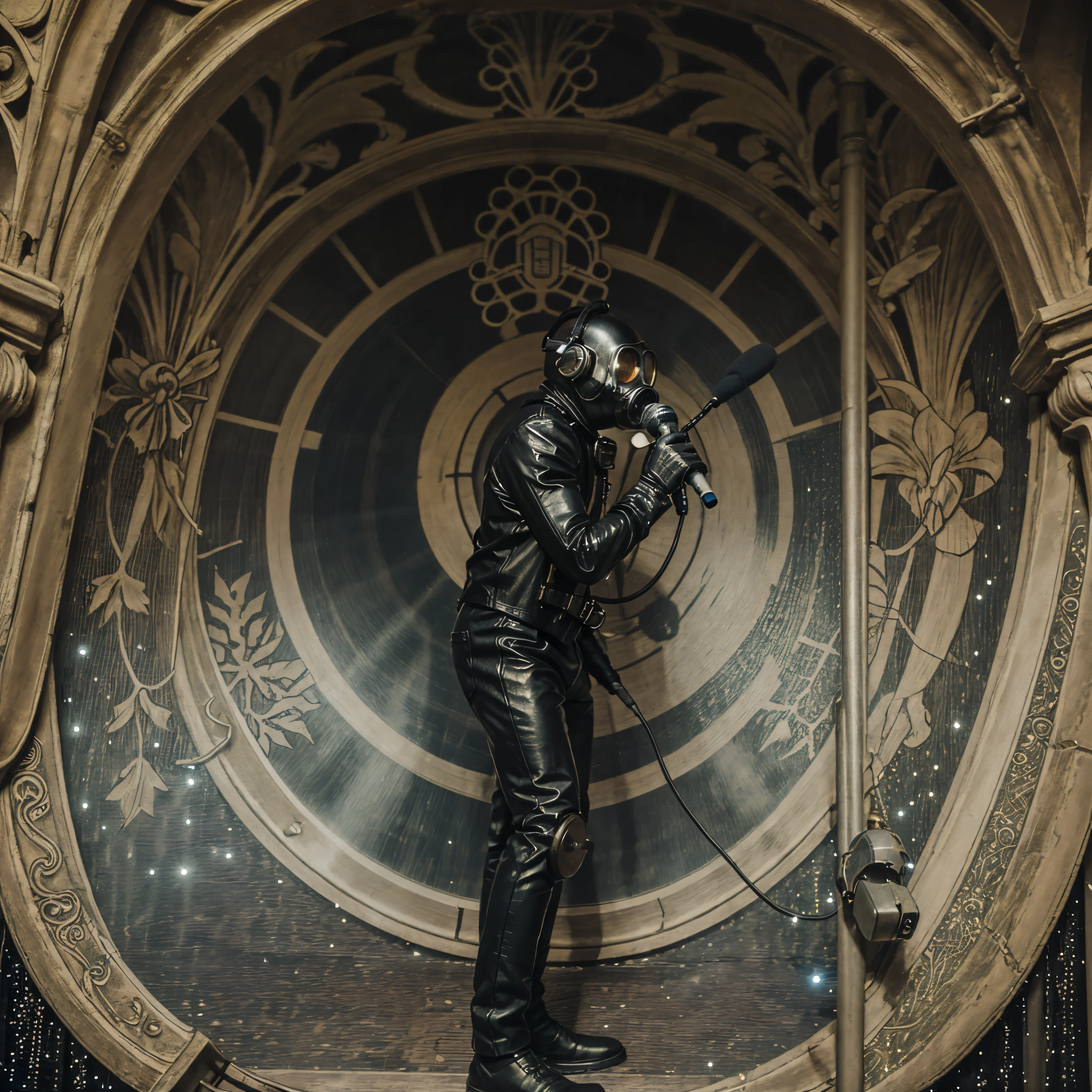 a man with a gasmask, leather suit, and black gloves singing into a microphone. He is on stage with lost of lights and sparkles, beautiful, masterpiece, Ultra HD, Art Nouveau, in the style of Alphonse Mucha