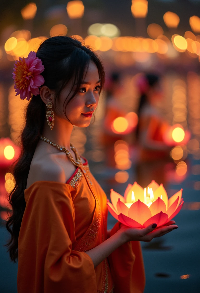 สุขสันต์วันลอยกระทง

Beautiful girl wearing Thai costumes, charming faces. Loi Krathong is one of the most charming Thai traditions in Thailand. It is usually held in November during the full moon day of the twelfth lunar month. It is a beautiful event that symbolizes the end of the rainy season and is a time when Thai people pay respect to the Goddess of Water, the Goddess of Water.During this enchanting festival, the night sky is illuminated with countless floating lanterns, each carrying the hopes and prayers of those who release them. Families gather by rivers and lakes, crafting delicate krathongs—small, lotus-shaped rafts made from banana leaves, flowers, and candles. As they set their krathongs adrift, they make wishes for good fortune, love, and happiness in the coming year.

The atmosphere is filled with laughter and joy, as traditional music and dance performances echo through the air. Young women, adorned in exquisite traditional attire, gracefully dance to celebrate the occasion, showcasing the rich cultural heritage of Thailand. The shimmering waters reflect the glow of the candles, creating a mesmerizing spectacle that captivates the hearts of all who witness it.

Loi Krathong is not just a visual feast; it is also a time for reflection and gratitude. People take a moment to express their appreciation for the water that sustains their lives, acknowledging its importance in their daily existence. This beautiful tradition fosters a deep connection to nature and a sense of community, as friends and families come together to share in the festivities.

As the night unfolds, the sight of thousands of krathongs floating away serves as a reminder of the beauty of letting go—releasing past grievances and welcoming new beginnings. Loi Krathong is a celebration of light, love, and the enduring spirit of the Thai people, making it a truly unforgettable experience for both locals and visitors alike.