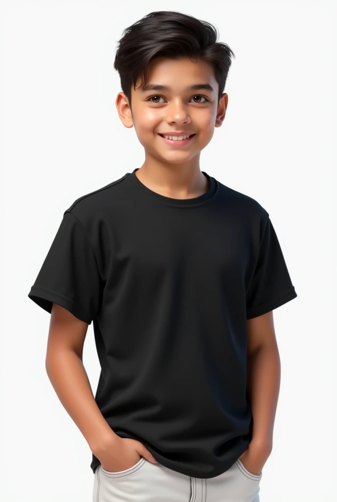 A realistic picture of a 1 boy standing on the river bank wearing a stylish black t shirt and white pants smiling at the camera with an i phone
