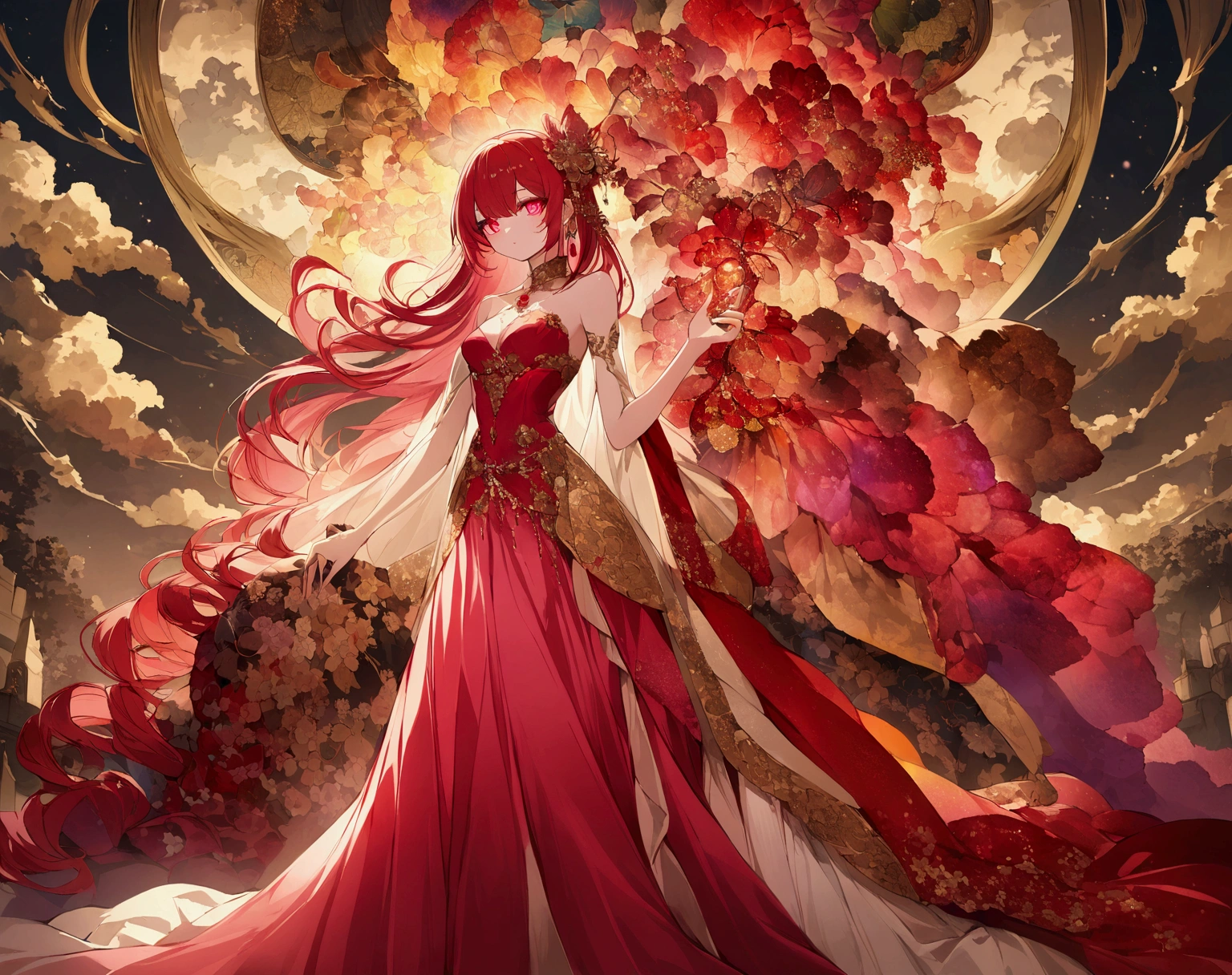 Create one overlay for my stream. Aesthetic asiatic. clean. indor. [she has long ruby-red hair and silky peach skin. Her draconic eyes are an enchanting shade of ruby-red and golden swirling vortexes colorful and cloudy]