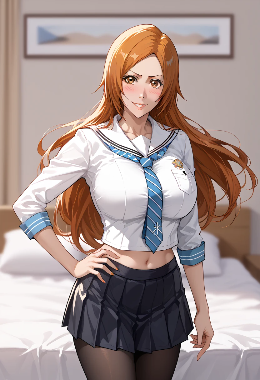 absurdres, High resolution, Super detailed, (mature woman1名:1.2),huge_breasts、unity 8k wallpaper,woman, Dynamism,forward leaning posture、intricate details,she looks viewer, shirt, tie, skirt, mini skirt, parted skirt, sailor suit, school_uniform、pantyhose, Sitting on Mattress, school room 、Blurred Backgrounds, breasts、standing、((manga style , Fitgirl , Lineart , Standing , Normal pose , sensuous , Safe for work))、Having a conversation、Bleach, Inoue Orihime, orange hair, orange eyes, long hair, smile, Panel layout、1 page of the manga、hand on hip, Pointing to the audience,pantie, blush, navel, embarrassed_female