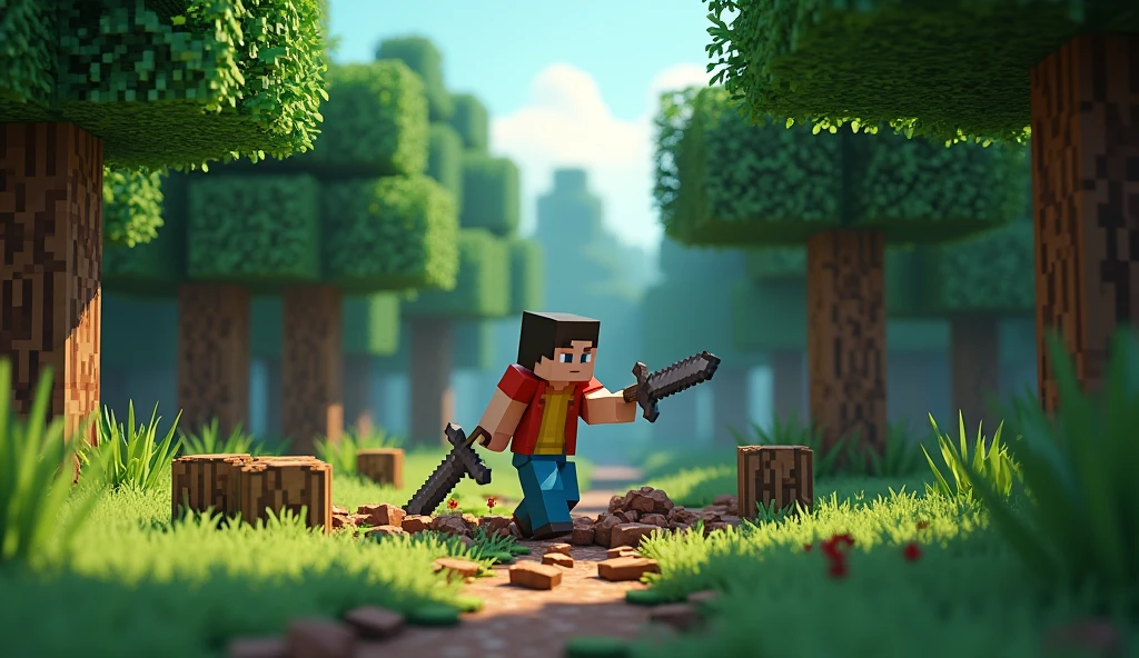 A gamer character,in a blocky square world,minecraft,chopping down an oak and birch forest,video game style,(best quality,4k,8k,highres,masterpiece:1.2),ultra-detailed,(realistic,photorealistic,photo-realistic:1.37),cinematic lighting,vivid colors,8k, photo-realistic,highly detailed,intricate details,blockbased environment,stunning voxel art,volumetric lighting,dynamic poses,action shot,dynamic camera angle,dramatic lighting,lush foliage,detailed textures,high contrast,stylized