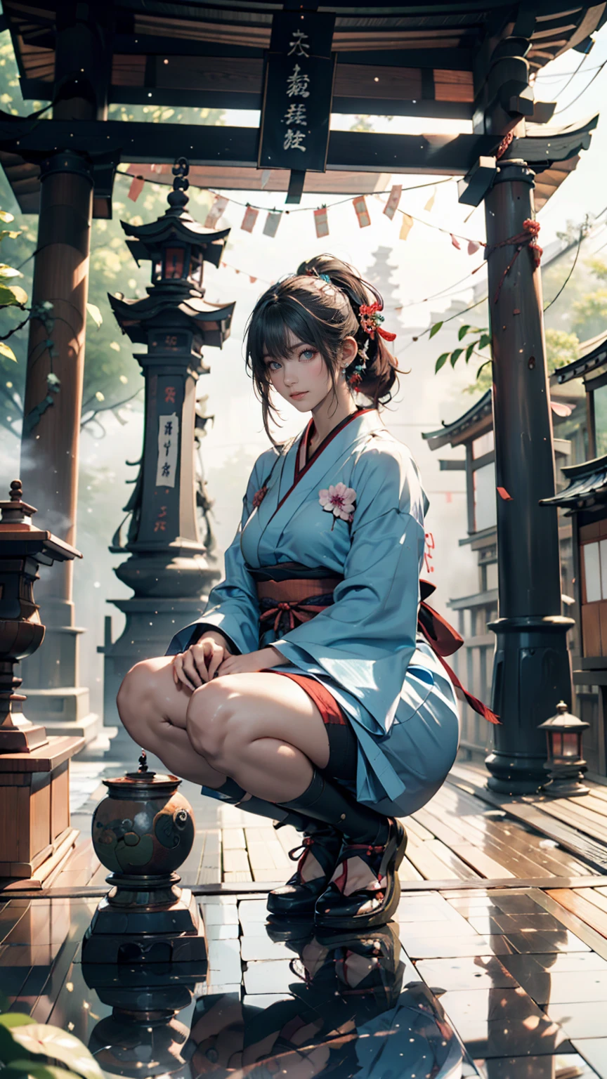1girl, Chun li a little chubby, cute smiling, huge eyes, (a bit curvy, small breasts, round ass, (short sized torso), medium mouth, very thick lips, almond-shaped eyes, chestnut hair, Gorgeous body, Beautiful large head and very symmetrical face, sitting on a bench, she's holding a bowl, eating noodles, in an old Chinese street, there's an old bicycle against the wall. Very detailed and intricate environment, Very detailed clothing, street fighter, brown eyes, blue dress, ((pelvic curtain), (brown pantyhose), china dress), white cross-laced boots, bracelet, gold trim, jewelry, puffy sleeves, sash, short sleeves, side slit, spiked bracelet, spikes, double bun, hair accessories, Anime realism, cleavage, large nose, tan skin