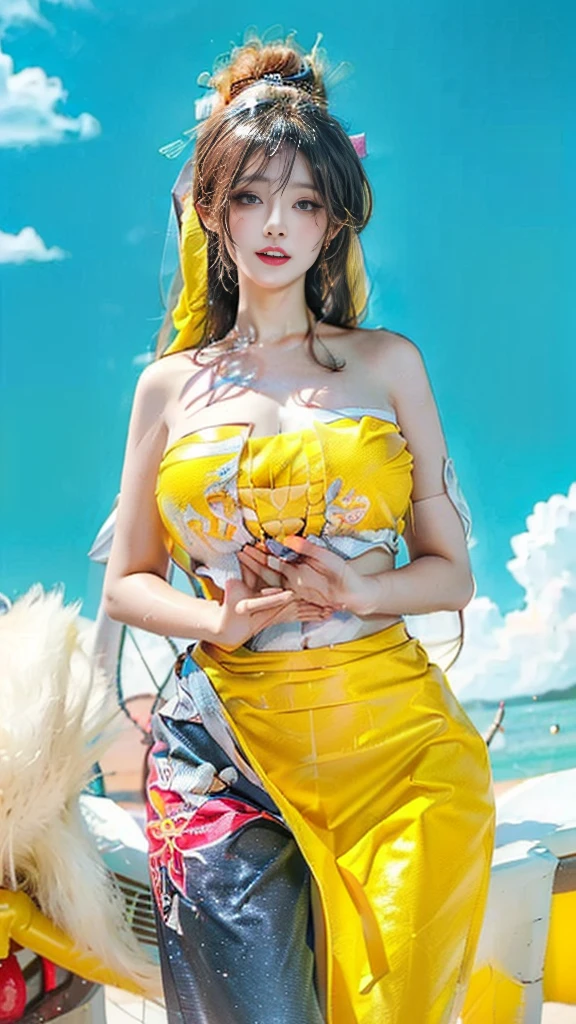 (realistic:1.3), finely detailed, quality, rembrandt lighting, (masterpiece:1.2), (photorealistic:1.2), (best quality), (detailed skin:1.3), (intricate details), dramatic, ray tracing, 1girl, japanese girl, 21 years old, detailed skin texture, (blush:0.5), (goosebumps:0.5), subsurface scattering, smiling, medium breasts, long hair curls, bangs, hair between eyes, blonde hair, red dress, long skirt, windswept, floating hair, floating clothes, water, md colorful, full body, (bright sunny day), <lora:20231004-1696408610897:0.75>