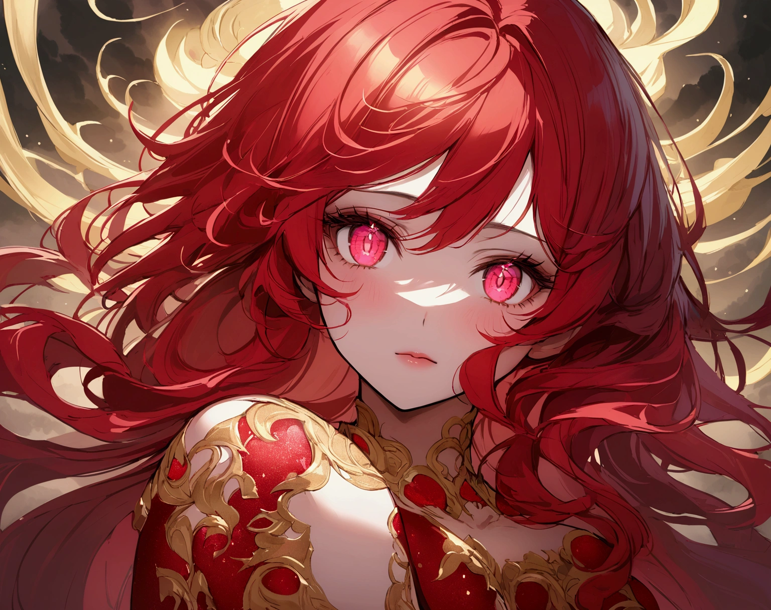 Create one overlay for my stream. Aesthetic asiatic. clean. indor. [she has long ruby-red hair and silky peach skin. Her draconic eyes are an enchanting shade of ruby-red and golden swirling vortexes colorful and cloudy]