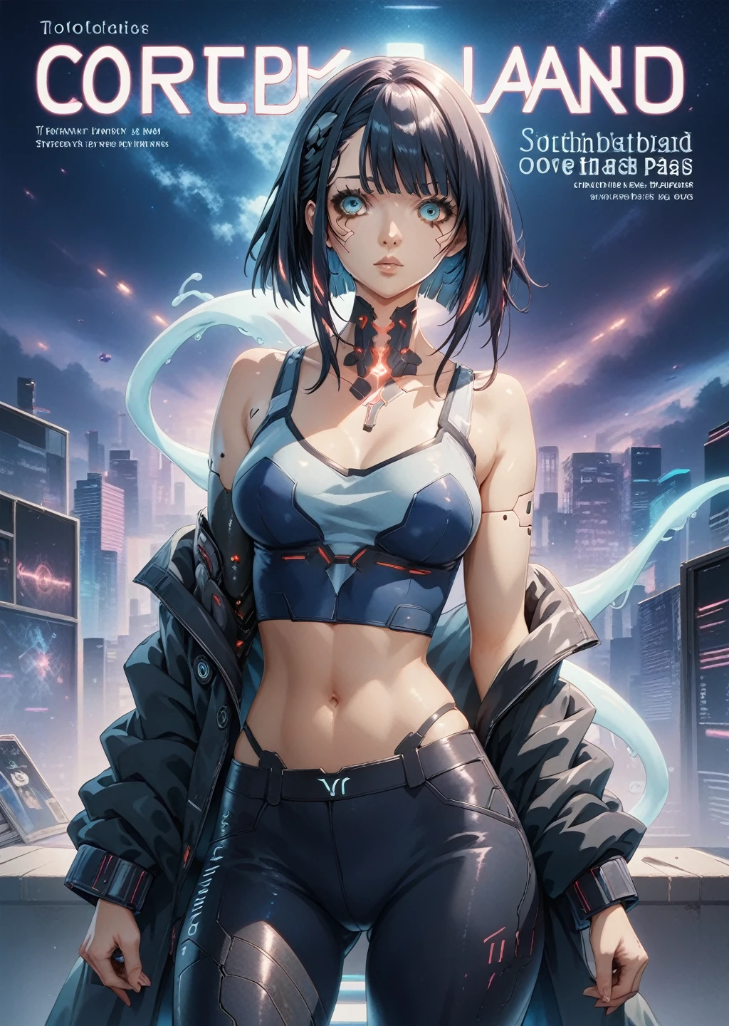 girl with robotic arm and blue led on her neck, cyberpunk city in the background, night, magazine cover, name osiris (magazine cover), (colorful magazine cover with lots of text), (cyberpunk illustration : 1.3), colorful paintings, comic book cover style, highly detailed, high quality, masterpiece, cyberpunk clothing, long black hair, night, neon, charming look, captivating pose, charm (Luis Royo : 1.2), (Yoshitaka Amano : 1.1), beautiful and luminous futuristic woman, complex circuits, neon colors, cyberpunk style, advanced technology, digital art, advanced details, realistic, dramatic lighting, dynamic pose, mysterious, mysterious, fascinating, book cover, ghost name osiris, blue slime, cyberpunk style, tank top, ((blue cyberpunk canvas pants)), magazine cover, (highly detailed : 1.2) (detailed cyberpunk cityscape : 1.3), (high resolution : 1.2)