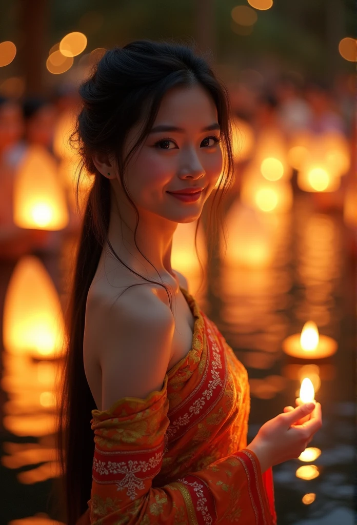 
Beautiful girl perfectly wearing Thai costumes, charming faces. Loi Krathong is one of the most charming Thai traditions in Thailand. It is usually held in November during the full moon day of the twelfth lunar month. It is a beautiful event that symbolizes the end of the rainy season and is a time when Thai people pay respect to the Goddess of Water, the Goddess of Water.During this enchanting festival, the night sky is illuminated with countless floating lanterns, each carrying the hopes and prayers of those who release them. Families gather by rivers and lakes, crafting delicate krathongs—small, lotus-shaped rafts made from banana leaves, flowers, and candles. As they set their krathongs adrift, they make wishes for good fortune, love, and happiness in the coming year.

The atmosphere is filled with laughter and joy, as traditional music and dance performances echo through the air. Young women, adorned in exquisite traditional attire, gracefully dance to celebrate the occasion, showcasing the rich cultural heritage of Thailand. The shimmering waters reflect the glow of the candles, creating a mesmerizing spectacle that captivates the hearts of all who witness it.

Loi Krathong is not just a visual feast; it is also a time for reflection and gratitude. People take a moment to express their appreciation for the water that sustains their lives, acknowledging its importance in their daily existence. This beautiful tradition fosters a deep connection to nature and a sense of community, as friends and families come together to share in the festivities.

As the night unfolds, the sight of thousands of krathongs floating away serves as a reminder of the beauty of letting go—releasing past grievances and welcoming new beginnings. Loi Krathong is a celebration of light, love, and the enduring spirit of the Thai people, making it a truly unforgettable experience for both locals and visitors alike.