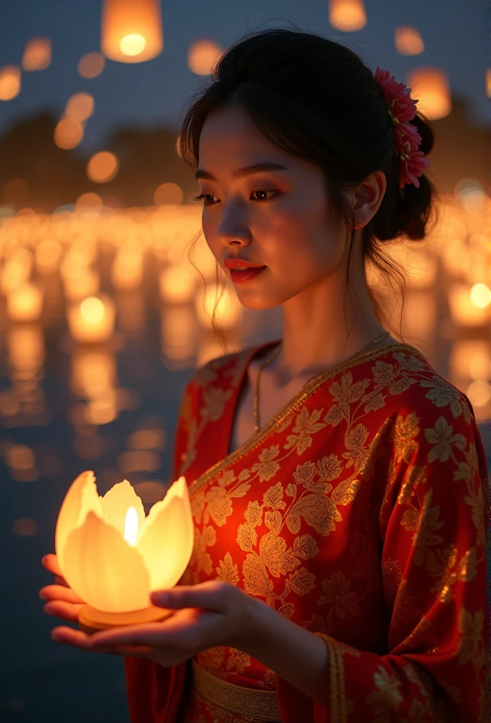 
Beautiful girl perfectly wearing Thai costumes, charming faces. Loi Krathong is one of the most charming Thai traditions in Thailand. It is usually held in November during the full moon day of the twelfth lunar month. It is a beautiful event that symbolizes the end of the rainy season and is a time when Thai people pay respect to the Goddess of Water, the Goddess of Water.During this enchanting festival, the night sky is illuminated with countless floating lanterns, each carrying the hopes and prayers of those who release them. Families gather by rivers and lakes, crafting delicate krathongs—small, lotus-shaped rafts made from banana leaves, flowers, and candles. As they set their krathongs adrift, they make wishes for good fortune, love, and happiness in the coming year.

The atmosphere is filled with laughter and joy, as traditional music and dance performances echo through the air. Young women, adorned in exquisite traditional attire, gracefully dance to celebrate the occasion, showcasing the rich cultural heritage of Thailand. The shimmering waters reflect the glow of the candles, creating a mesmerizing spectacle that captivates the hearts of all who witness it.

Loi Krathong is not just a visual feast; it is also a time for reflection and gratitude. People take a moment to express their appreciation for the water that sustains their lives, acknowledging its importance in their daily existence. This beautiful tradition fosters a deep connection to nature and a sense of community, as friends and families come together to share in the festivities.

As the night unfolds, the sight of thousands of krathongs floating away serves as a reminder of the beauty of letting go—releasing past grievances and welcoming new beginnings. Loi Krathong is a celebration of light, love, and the enduring spirit of the Thai people, making it a truly unforgettable experience for both locals and visitors alike.