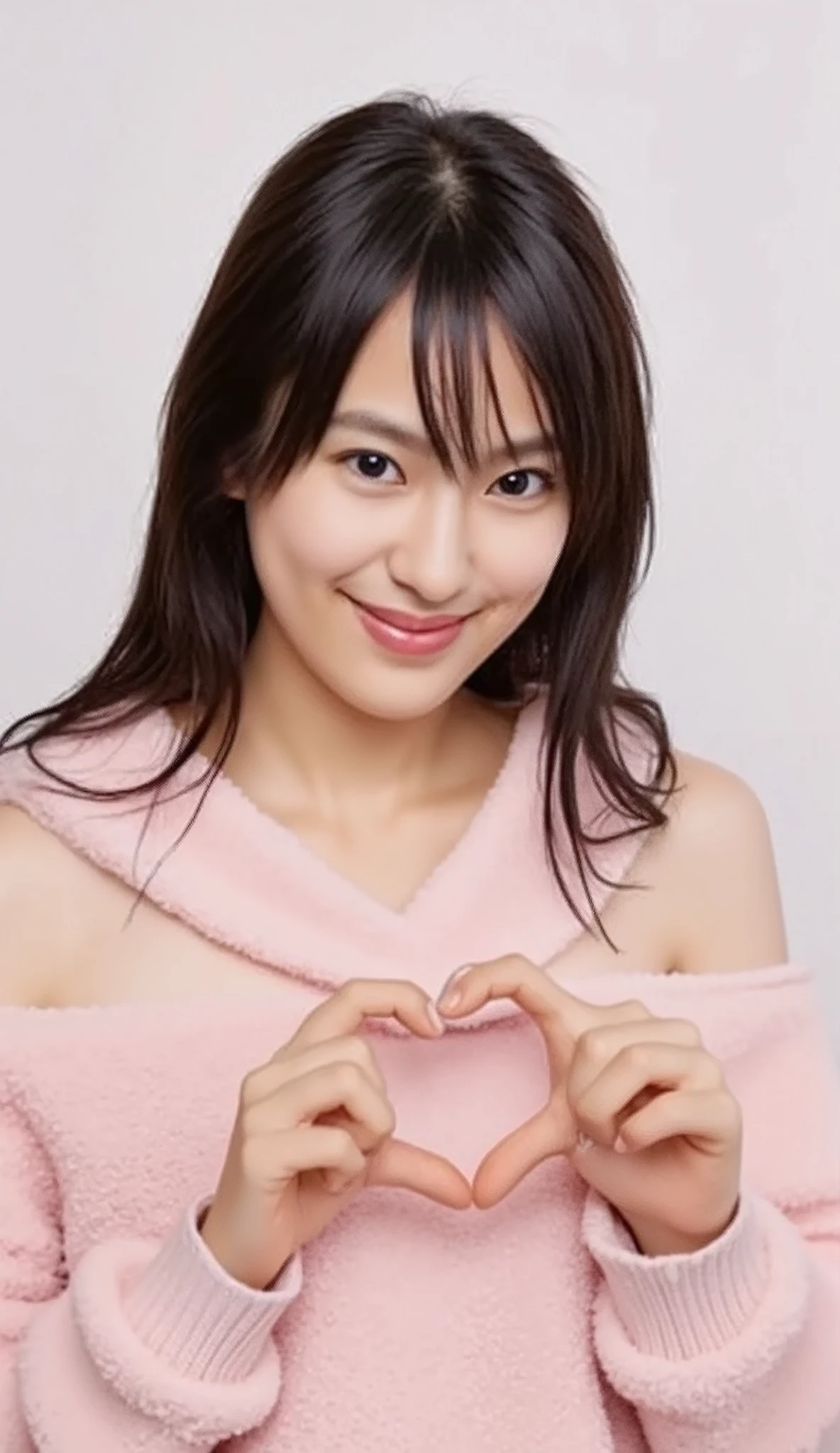 Only one woman with a cute smile wears cute, fluffy off-shoulder pajamas, makes a big heart shape with both hands, and poses them in front of her chest, View above collarbone、The background is a monotone 

