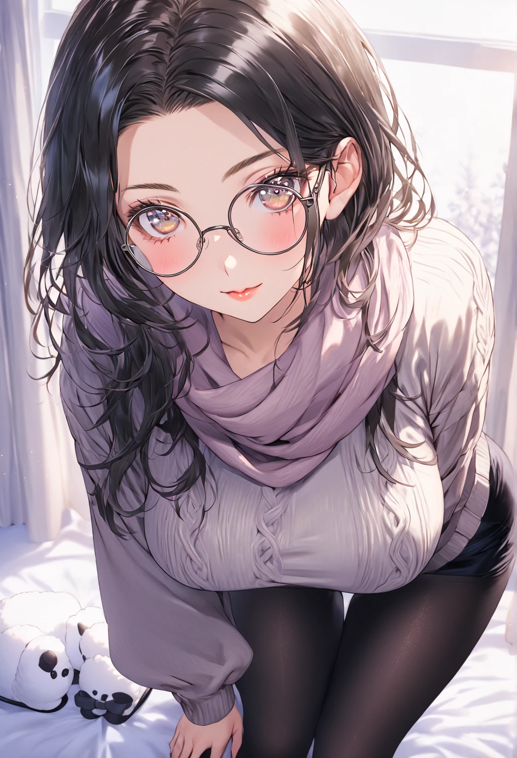 ((highest quality)), ((masterpiece)), (detailed), (front view), (one girl), sexy, shiny skin, glossy skin, height 168cm, bust 120cm, medium size breast, hourglass body, housewife, black hair parted bangs, A mother with warm eyes, Wearing round glasses, Looking at viewer with gentle eyes, dressed in a soft, oversized knit sweater in a calming color, paired with cozy, high-waisted leggings that provide comfort without sacrificing style. The sweater has a relaxed fit, with a gentle scoop neckline and long sleeves that cuff at the wrist. She completes the look with fluffy slippers and a simple, warm scarf draped casually around her neck, The fabric is slightly translucent in the sunlight.