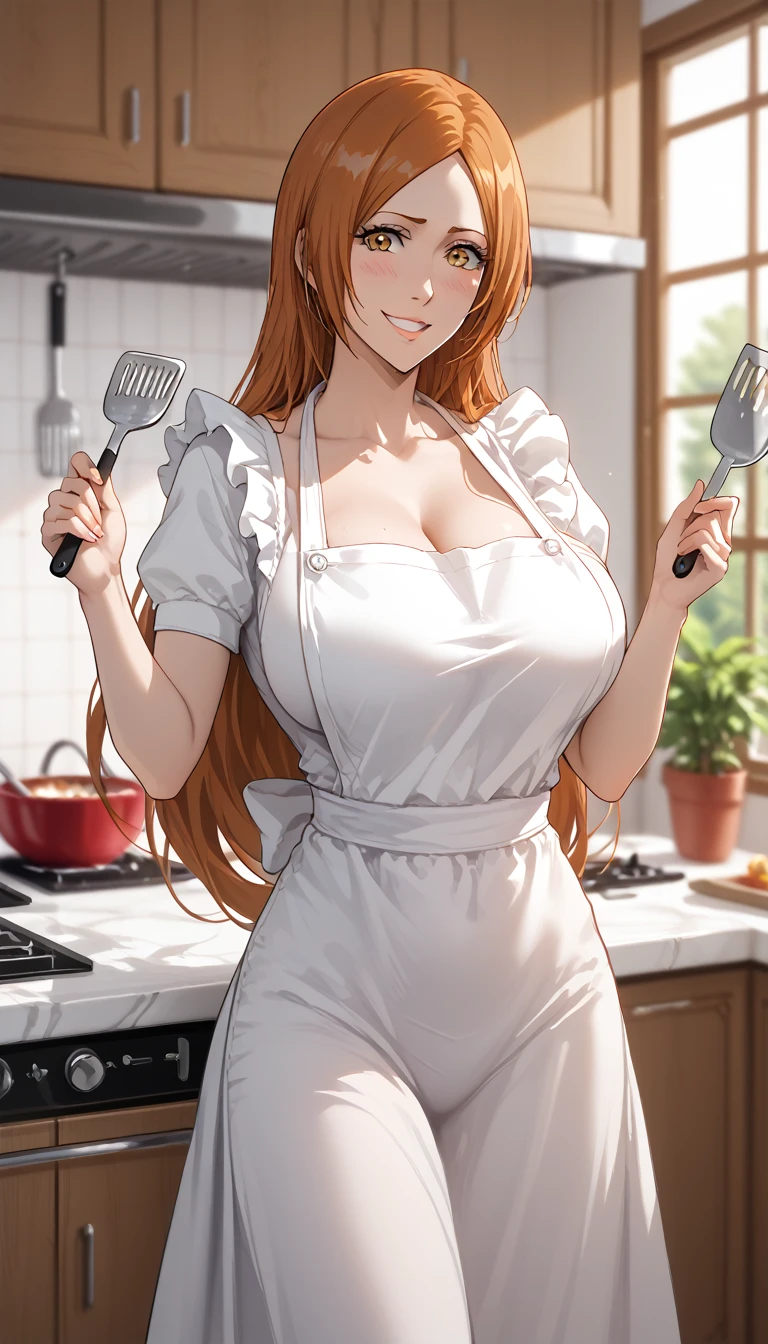 absurdres, High resolution, Super detailed, (mature woman1名:1.2),huge_breasts、unity 8k wallpaper,woman, Dynamism,forward leaning posture、intricate details,she looks viewer, long dress, apron, house wife, kitchen room, cooking、Blurred Backgrounds, breasts、standing、((manga style , Fitgirl , Lineart , Standing , Normal pose , sensuous , Safe for work))、Having a conversation、Bleach, Inoue Orihime, orange hair, orange eyes, long hair, smile, Panel layout、1 page of the manga、spatula, holding, cooking pose ,panties, blush, embarrassed_female