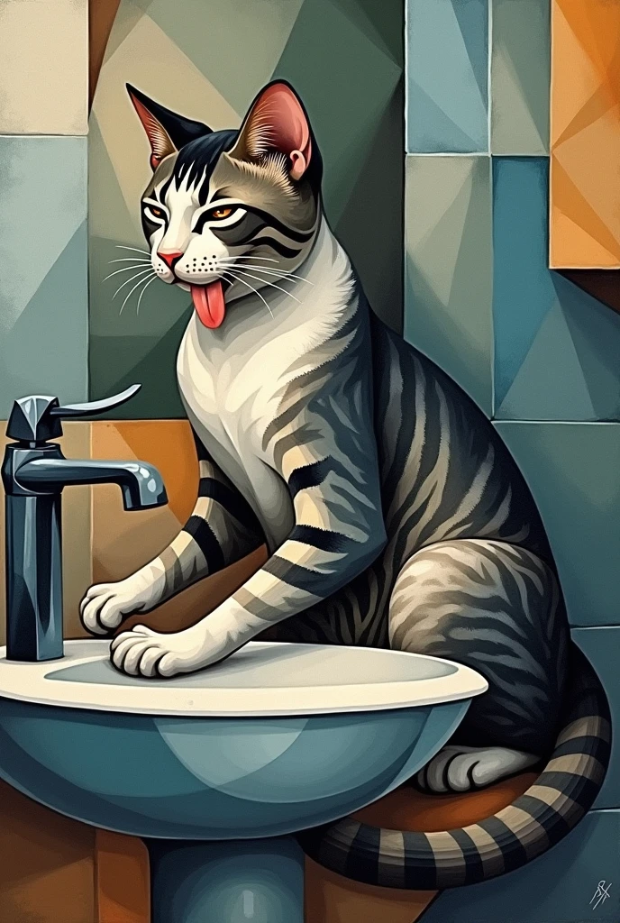 "A cubist-style poster of a cat washing its paws in a bathroom sink, rendered in fragmented geometric shapes and muted earth tones typical of Picasso's analytical cubism. The cat's form should be deconstructed into angular planes, with multiple perspectives simultaneously visible - showing the cat's head, body, and paws from different angles. Emphasize the rhythmic motion of the cat's tongue cleaning its paw, using sharp intersecting lines and a limited color palette of blues, grays, and browns. The sink should be abstracted into geometric forms, creating a sense of movement and fractured space characteristic of Picasso's artistic style."