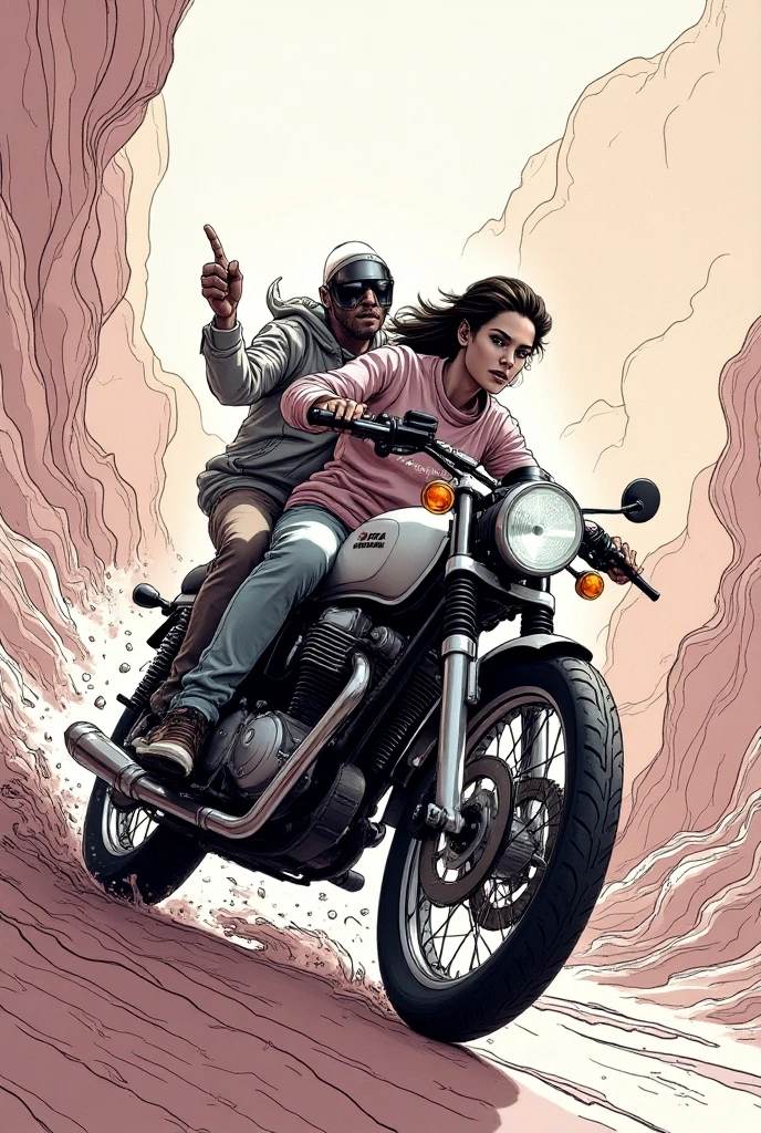   This illustration depicts a man riding a motorcycle with a woman on it,  ink painting by Arthur Adams  , Reddit,  Psychedelic Art ,  Mevius and Mauve Hacker ,  Moebius and Killian Eng , Fine line drawing with beautiful ink , James Jean and Clyde Caldwell , Michael Carta,  Mevius Style , Moebius Art , Demizu Posuka