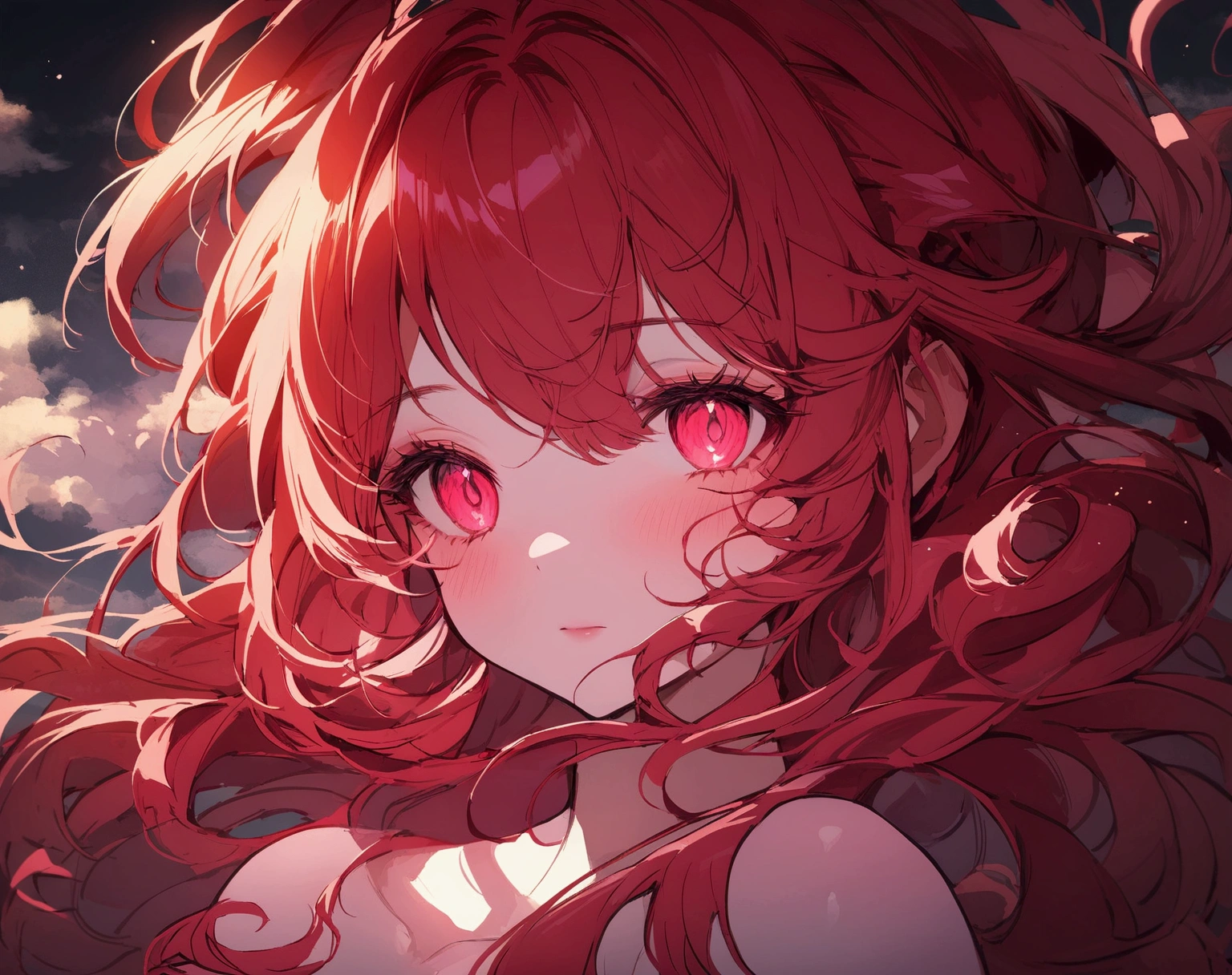 Create one overlay for my stream. Aesthetic asiatic. clean. indor. [she has long ruby-red hair and silky peach skin. Her draconic eyes are an enchanting shade of ruby-red and golden swirling vortexes colorful and cloudy] sweet colors