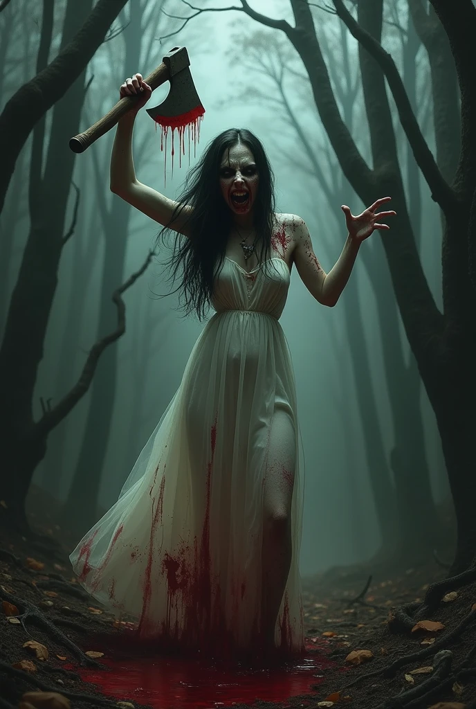 A Cinderella glass slipper tangled with thorns and blood in the middle of a dark and gloomy forest and a girl running in the distance