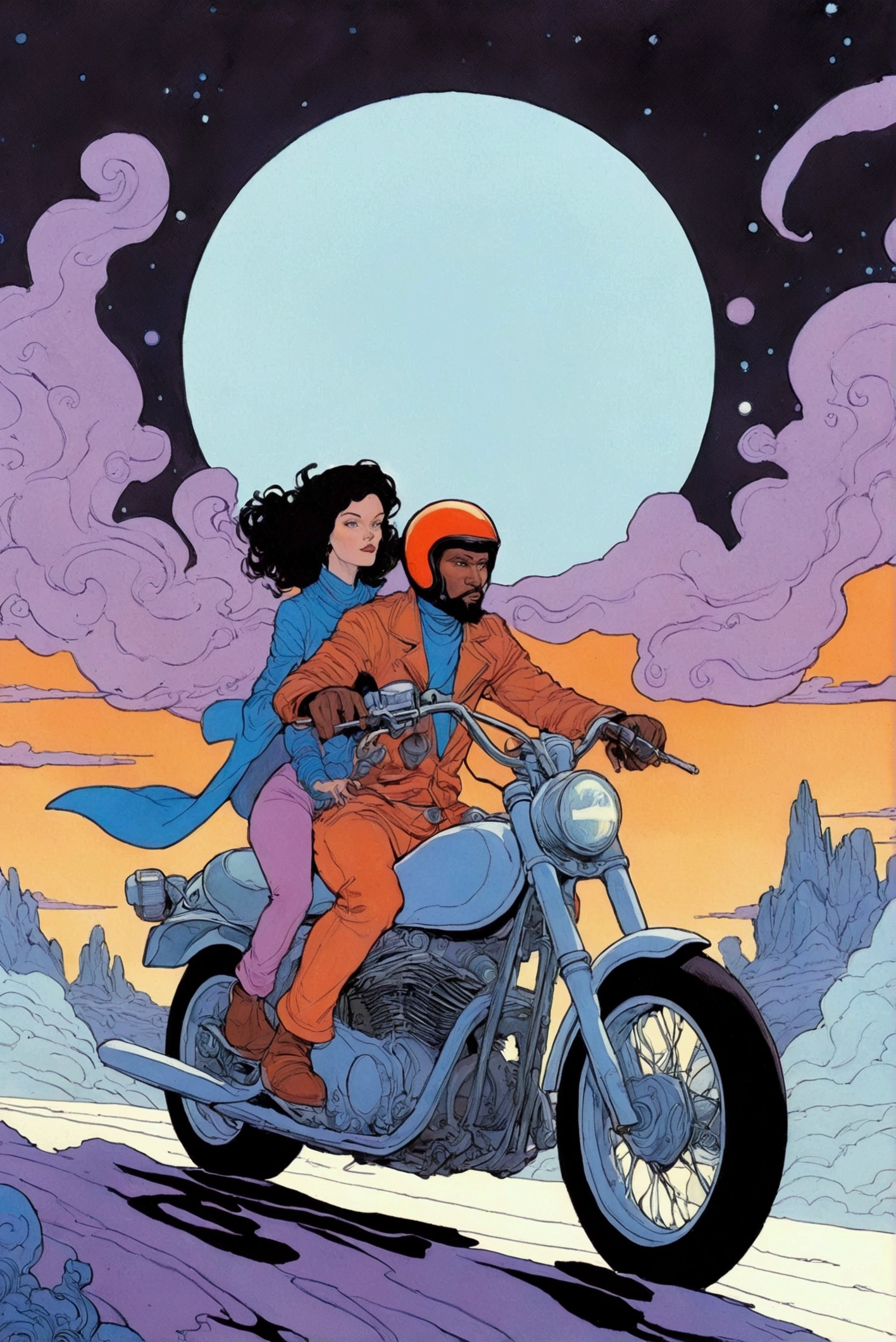   This illustration depicts a man riding a motorcycle with a woman on it,  ink painting by Arthur Adams  , Reddit,  Psychedelic Art ,  Mevius and Mauve Hacker ,  Moebius and Killian Eng , Fine line drawing with beautiful ink , James Jean and Clyde Caldwell , Michael Carta,  Mevius Style , Moebius Art , Demizu Posuka