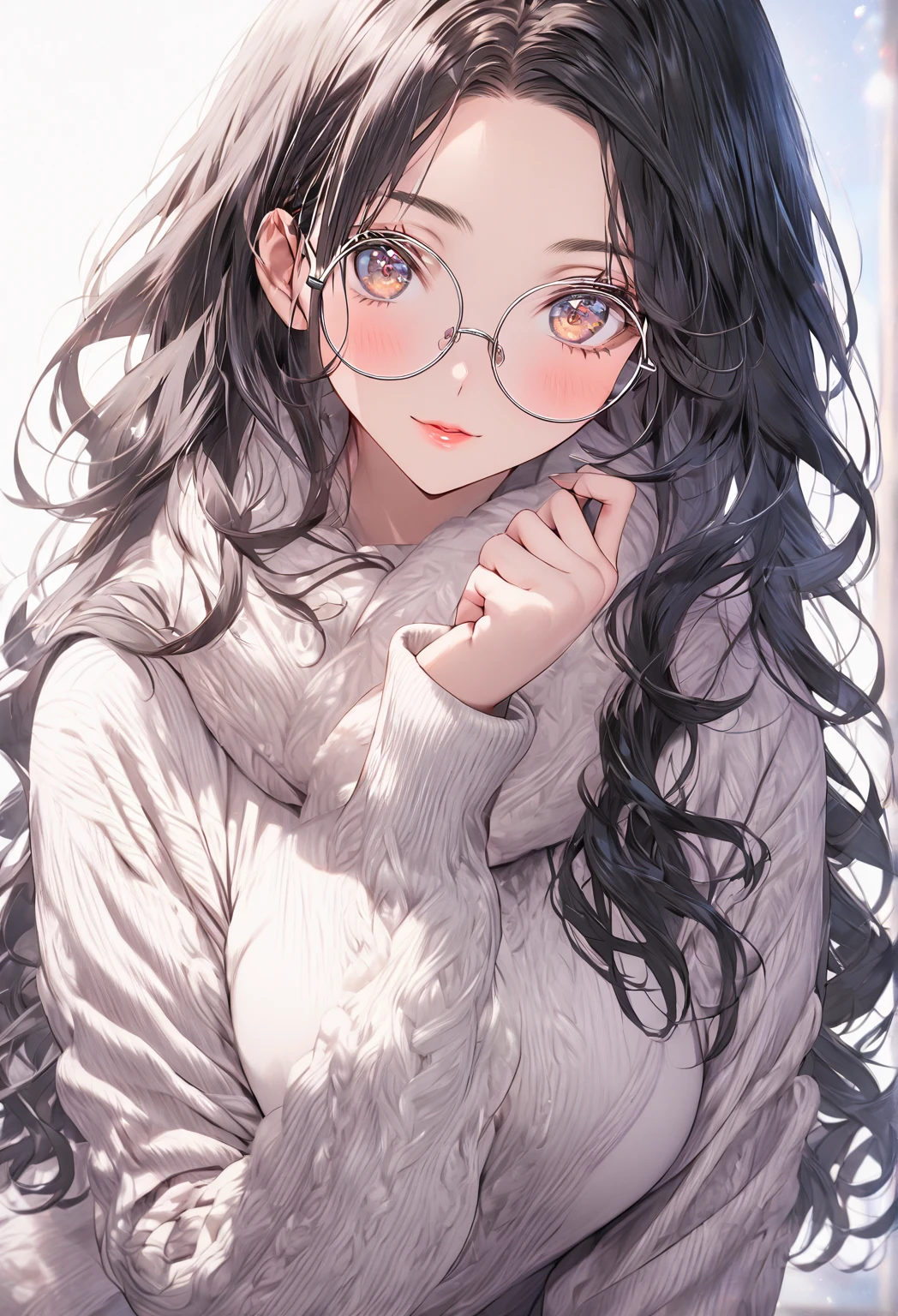 ((highest quality)), ((masterpiece)), (detailed), (front view), (one girl), sexy, shiny skin, glossy skin, height 168cm, bust 120cm, medium size breast, hourglass body, housewife, black hair parted bangs, A mother with warm eyes, Wearing round glasses, Looking at viewer with gentle eyes, dressed in a soft, oversized knit sweater in a calming color, paired with cozy, high-waisted leggings that provide comfort without sacrificing style. The sweater has a relaxed fit, with a gentle scoop neckline and long sleeves that cuff at the wrist. She completes the look with fluffy slippers and a simple, warm scarf draped casually around her neck, The fabric is slightly translucent in the sunlight.