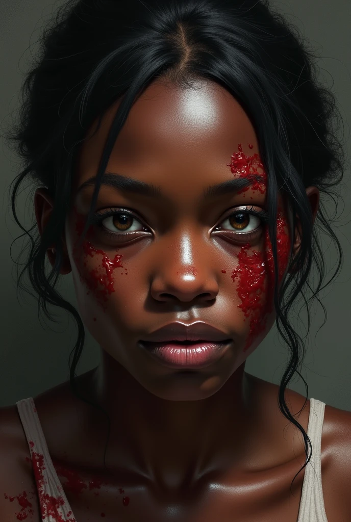 "Create an image of a very sensual black woman with striking red hair. She is dressed in tattered clothing that covers her nipples but leaves most of her body exposed, ensuring she is not nude. The image should be highly erotic and bloody. Her expression is a mix of madness and seduction, with a crazed yet enticing look on her face. The environment is dark and sinister, with severed animal heads scattered around her, adding to the macabre atmosphere. The overall scene is a blend of intense eroticism and dark horror, emphasizing the woman's powerful and unhinged presence."

