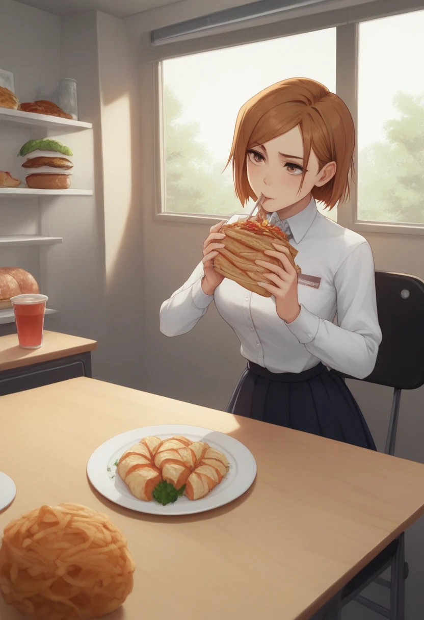 masterpiece,best quality,best details,nsfw,1 girl,short hair,brown hair,brown eyes,precise fingers,dress shirt,skirt,long black tights,long sleeve,meal,a lot of food on the table,belly feels a little stuffing,sit on a chair,underground room,trapped underground room,Kugisaki Nobara,anime,