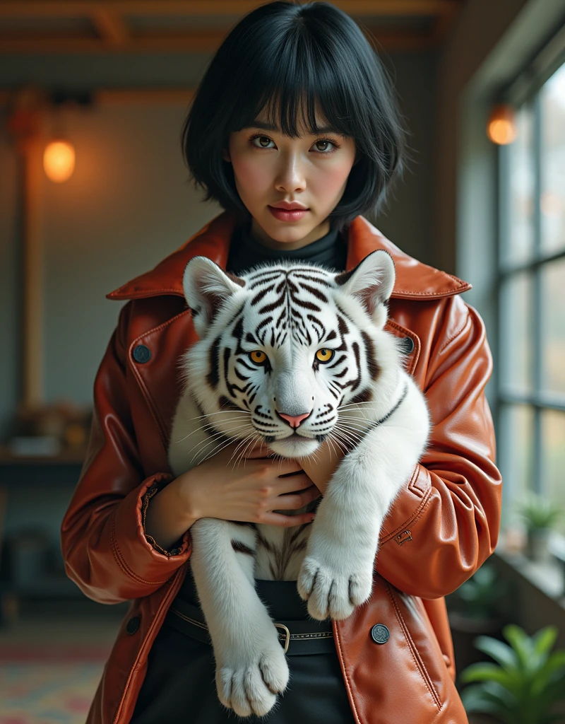 ((smallunderboob,Tomboyish,small heads)), (Well-defined abs: 1.1), (perfect bodies: 1.1), (short-length straighthair: 1.2), Black hair,attractive collarbone，（极其细致的CG 8k壁纸），（Extremely refined and beautiful），（tmasterpiece），（best qualtiy：1.0），（超高分辨率：1.0），upper body photos，[A high resolution]，Dark light，A beautyful girl，Smooth and flawless fair skin，ultra - detailed ，Elongated legs，flatchest，Slim，emaciated，White dress-style long shirt，Dark forest，Holding a baby tiger in his arms，Close-up of characters，cheerfulness，ssmile