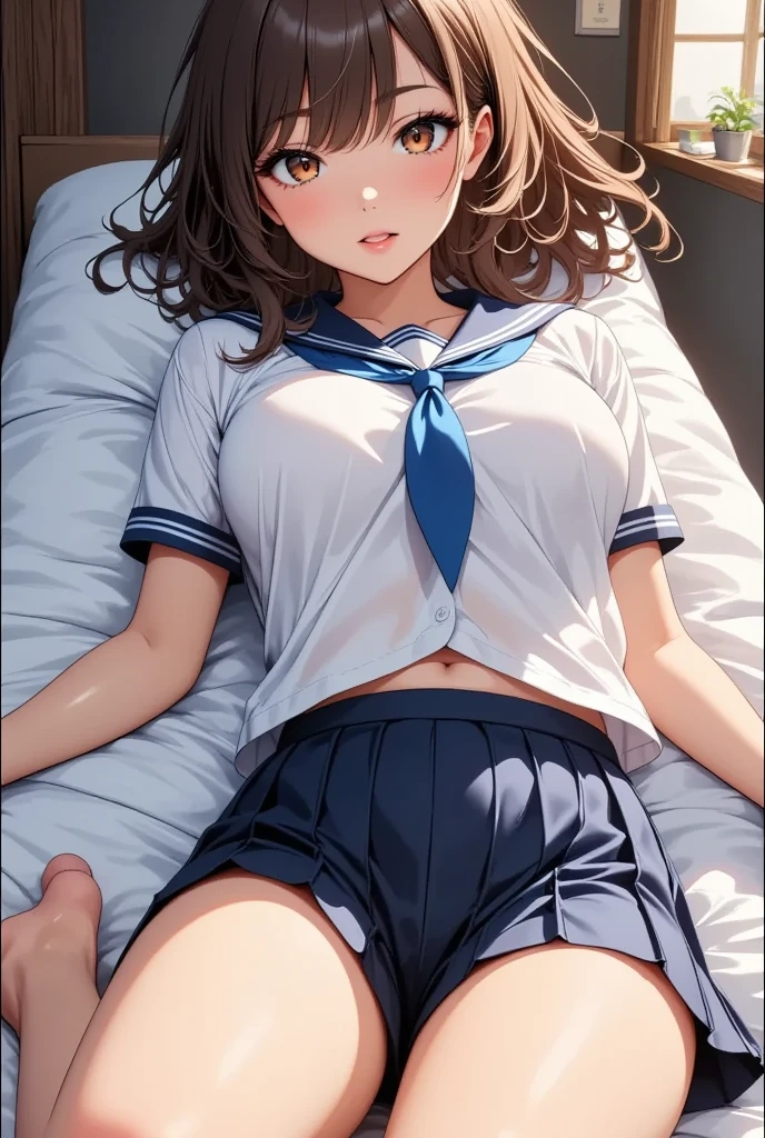 masterpiece,最high quality,high quality,4k,8K,High resolution,Full HD,20 year old beautiful girl,big bust,D cup,twin tails,uniform,mini skirt,thong shorts,On your back,M-shaped spread legs,on the bed,pastel colored room