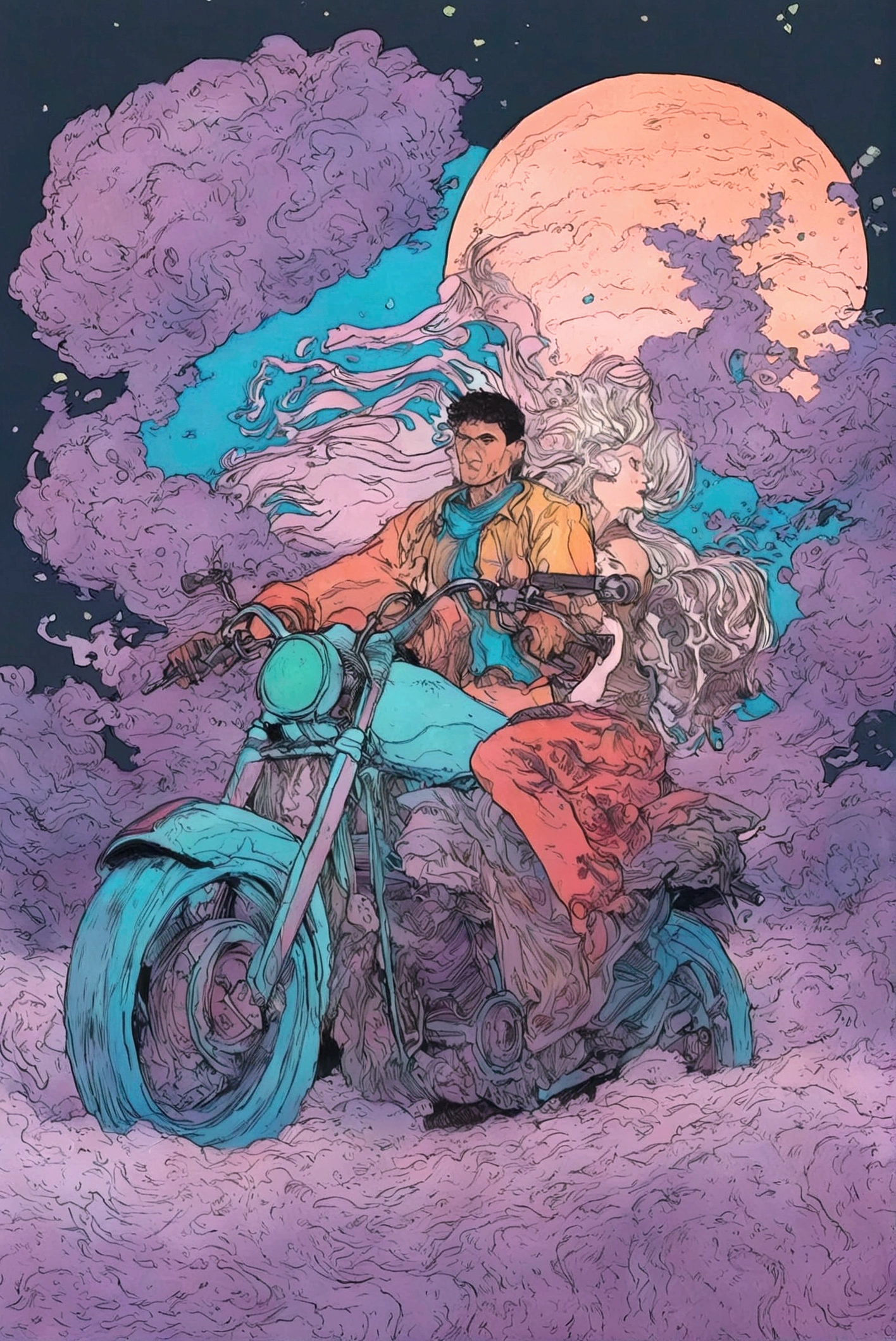   This illustration depicts a man riding a motorcycle with a woman on it,  ink painting by Arthur Adams  , Reddit,  Psychedelic Art ,  Mevius and Mauve Hacker ,  Moebius and Killian Eng , Fine line drawing with beautiful ink , James Jean and Clyde Caldwell , Michael Carta,  Mevius Style , Moebius Art , Demizu Posuka