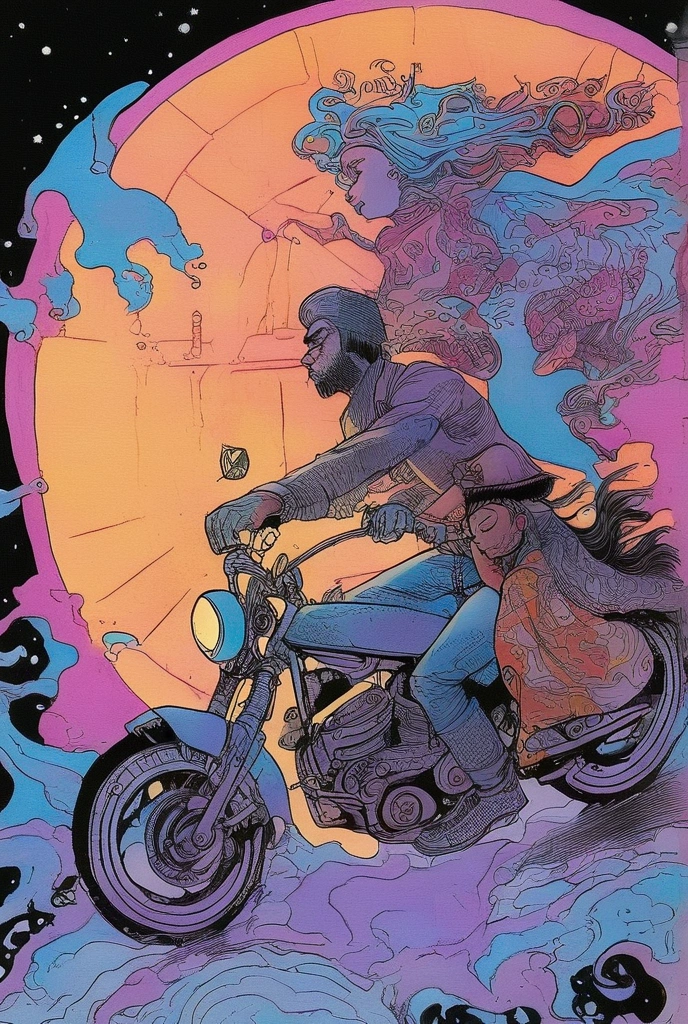   This illustration depicts a man riding a motorcycle with a woman on it,  ink painting by Arthur Adams  , Reddit,  Psychedelic Art ,  Mevius and Mauve Hacker ,  Moebius and Killian Eng , Fine line drawing with beautiful ink , James Jean and Clyde Caldwell , Michael Carta,  Mevius Style , Moebius Art , Demizu Posuka