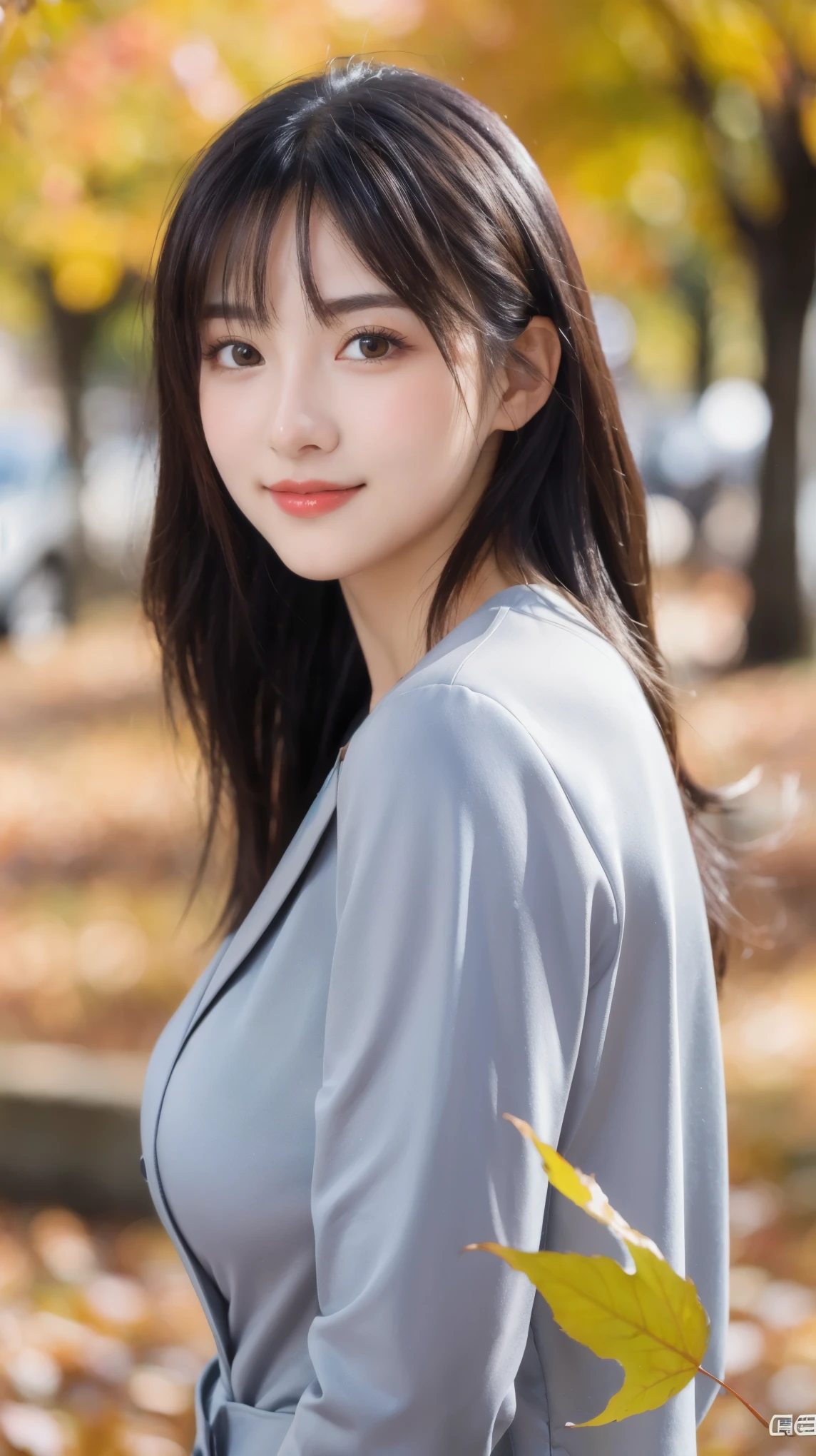 (8k, RAW Photo, Best Quality, Masterpiece:1.2), table top, Ultra Detail, Super Resolution, (Realistic, Realistic Photo:1.37), Portrait, High Detail RAW Color Photo, Professional Photo, Extremely Detailed and Beautiful, Extremely detailed, 8k wallpaper, amazing and detailed, huge file size, official art, highly detailed CG unity 8k wallpaper, highly detailed beautiful girl, highly detailed face, highly detailed eyes, highly detailed skin, highly detailed fingers, highly detailed nose, very detailed detailed mouth , perfect anatomy, highly detailed background, highly detailed clothes, (1 girl in), cute girl, realistic body, fair skin, glowing skin , slim body, handsome body, black hair , semilong hair, (blunt bangs:1.2), smile, cute, youthful, cute face, realistic face, delicate eyes, drooping eyes, looking at viewer, facing front, standing posture, Contraposto, (large breasts), (Perfect Body Proportions), (slender Body Proportions), super sexy pose, (late autumn outfit), Detailed and actual skin texture, (The precincts of autumn leaves),