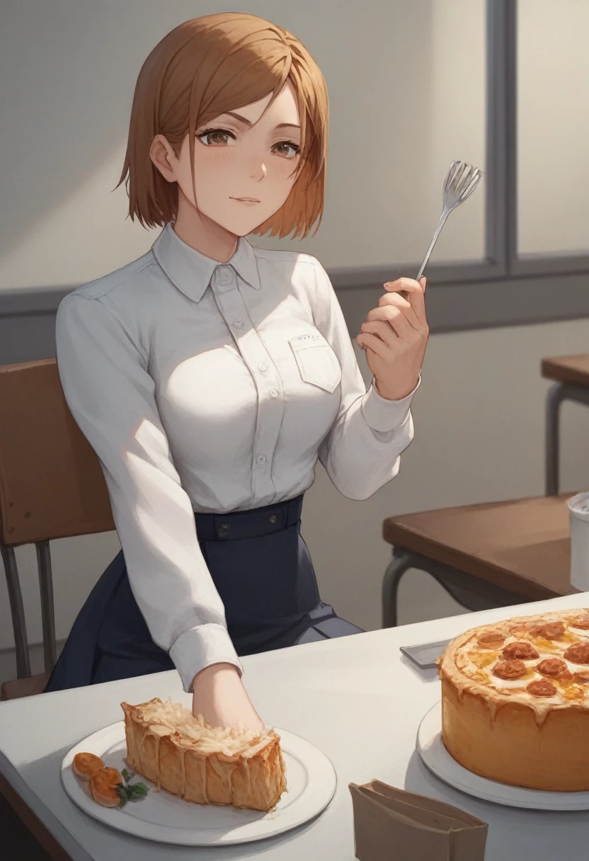 masterpiece,best quality,best details,nsfw,1 girl,short hair,brown hair,brown eyes,precise fingers,dress shirt,skirt,long black tights,long sleeve,meal,a lot of food on the table,belly feels a little stuffing,sit on a chair,underground room,trapped underground room,Kugisaki Nobara,anime,