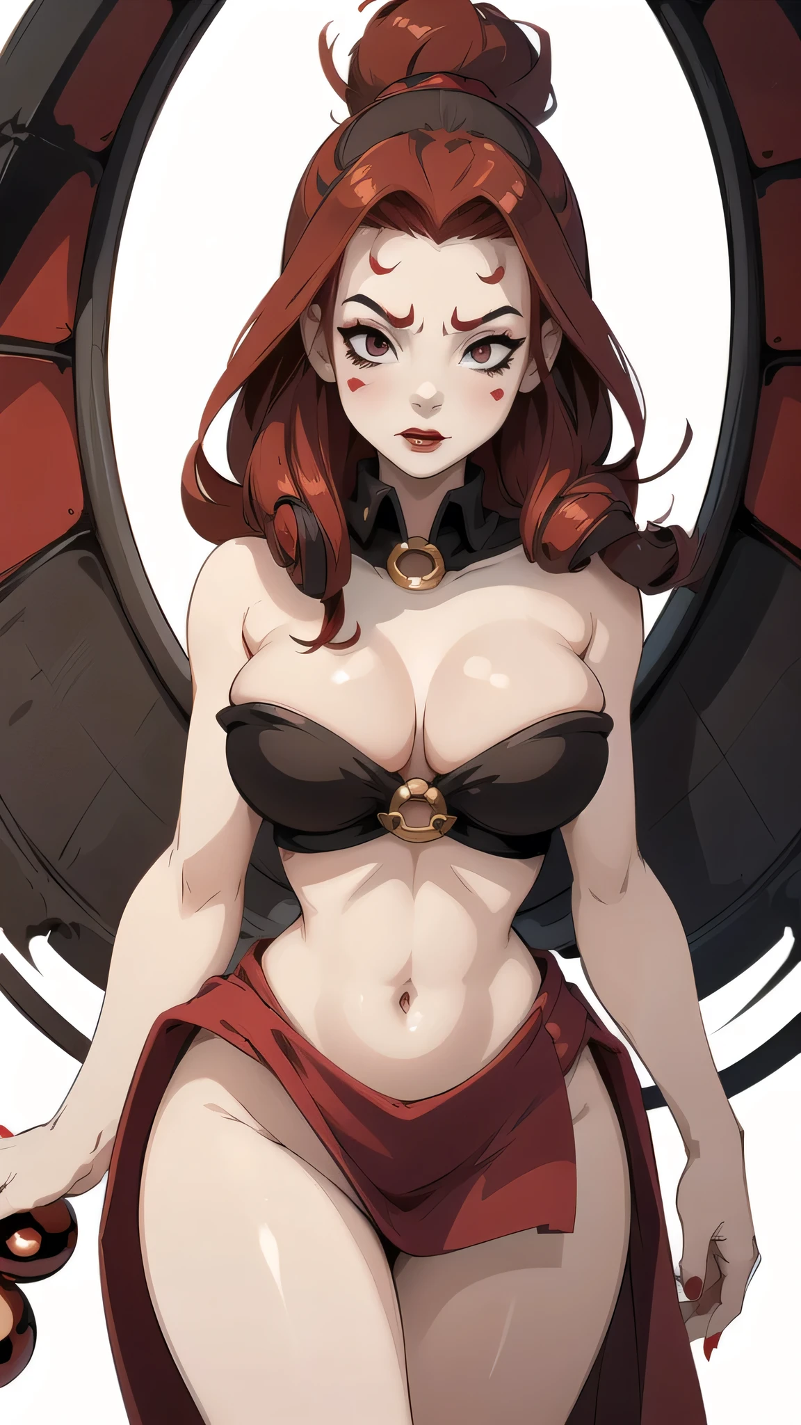 Close UP Body portrait, stylized character, erotica, ((young woman, 1girl)), erotica, full body, sexy, wide hips, thicc body, ((dark red hairs, pale skin, black eyes)), ((((zobal class from dofus video game)))), hair tied, ultra detailed face, vivid colors, ((simple plain color background)), black dress with massive front cleavage, muscular body, light tummy, thick, (red lipstick), (red nose), (red ring make-up around eyes)