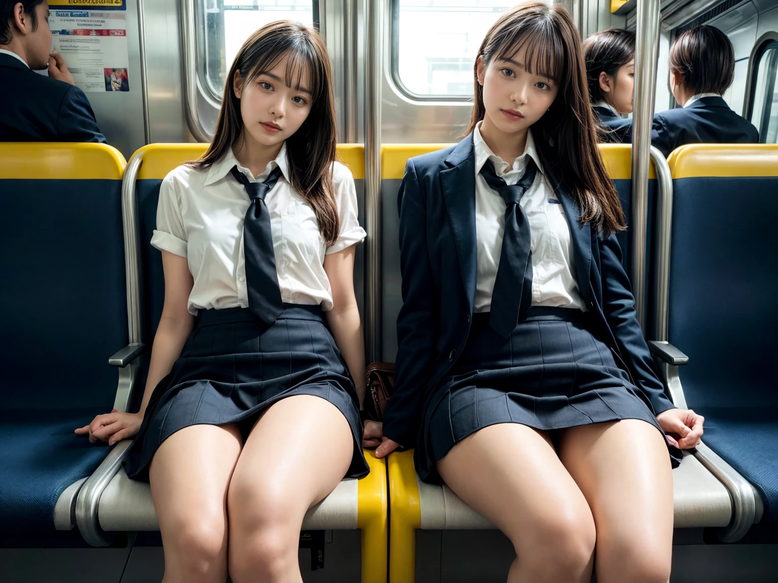 (Masterpiece, High Definition, Ultra High Definition, 4K) Black hair,  3females, highschool uniform skirt, glossy detailed thighs, emphasizing thighs, (cross legs), from ((below)), white thighs, soft thighs, sitting on the train seat,front,Zoom camera in the crotch,Feet on the train floor,Full body,Looking down and sleepy, best quality, ultra high definition, (photorealistic:1.4),, high resolution, detail, raw photo, 