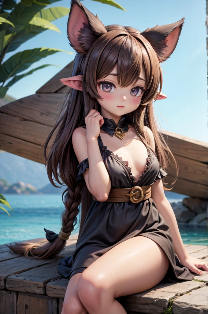 A female elf, long hair in black hair braids, very green eyes, , thin lips, round face, medium breasts, wide hips, wearing black elf warrior clothes, imposing and distinguished, beautiful and arrogant female elf, serious and superior elf, sitting at a table in a tavern, being admired by several adventurers
sultry look, seductive